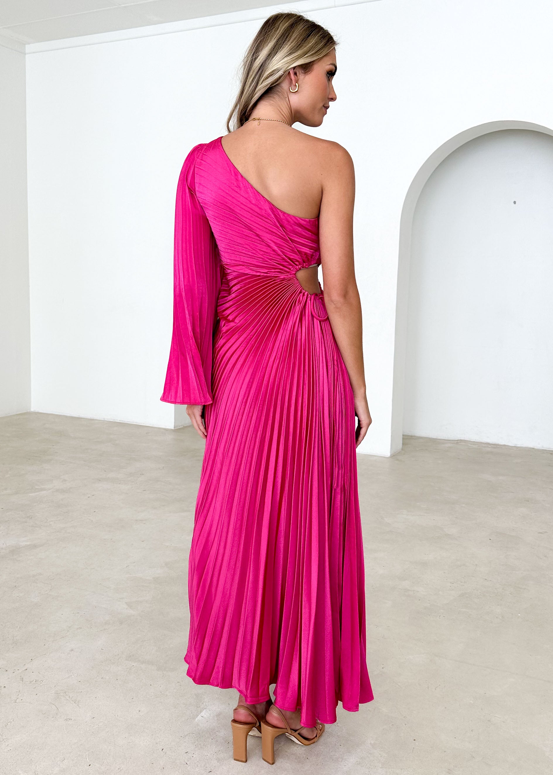 Amore One Shoulder Midi Dress - Hot Pink