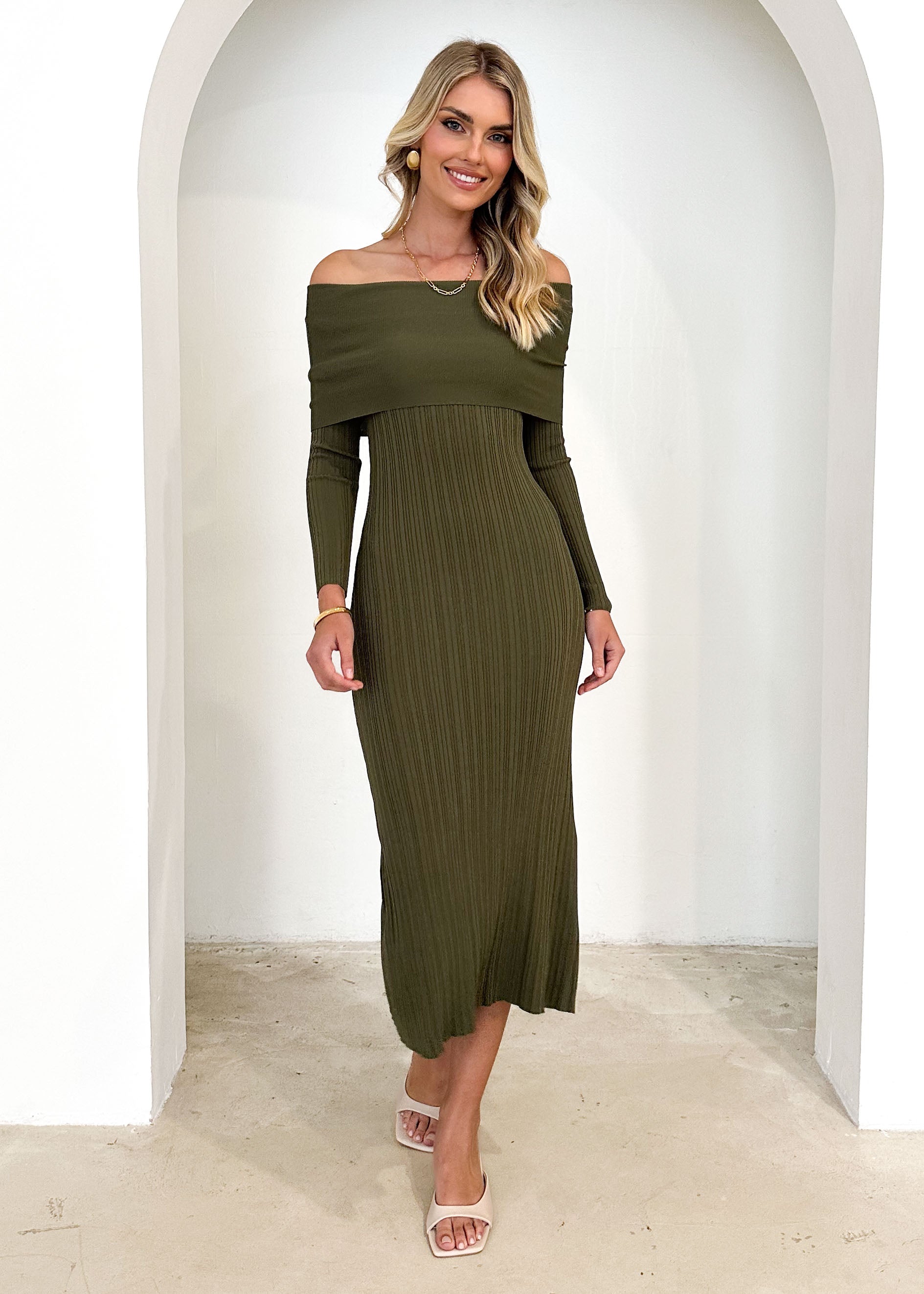 Eliora Off Shoulder Knit Maxi Dress - Khaki