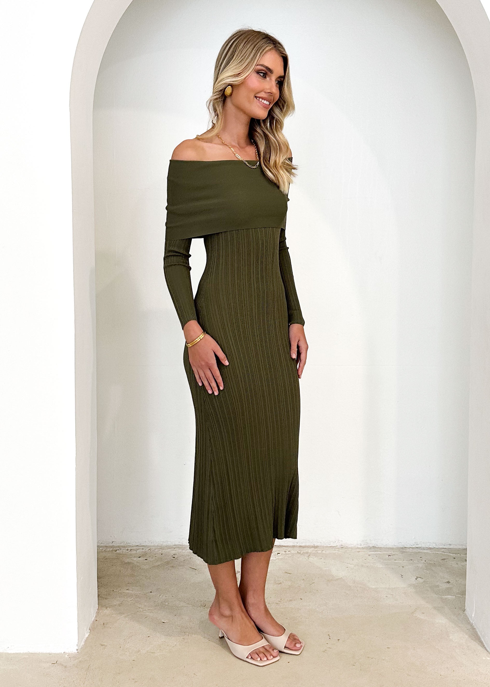 Eliora Off Shoulder Knit Maxi Dress - Khaki