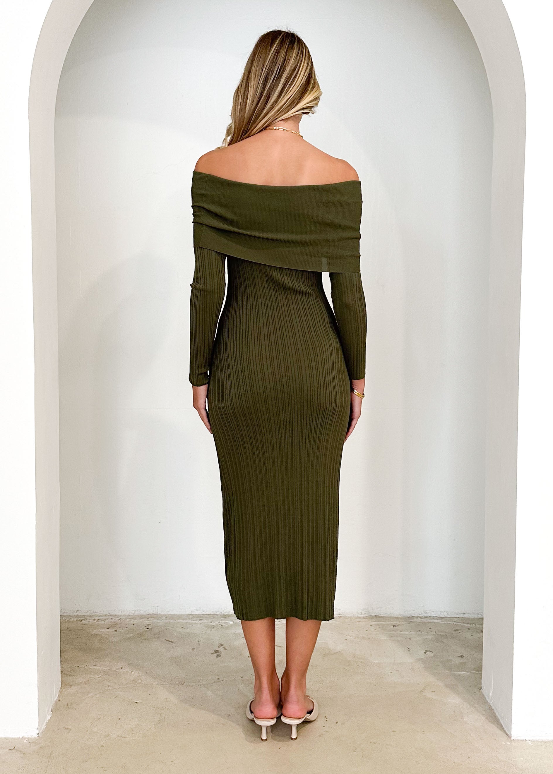 Eliora Off Shoulder Knit Maxi Dress - Khaki