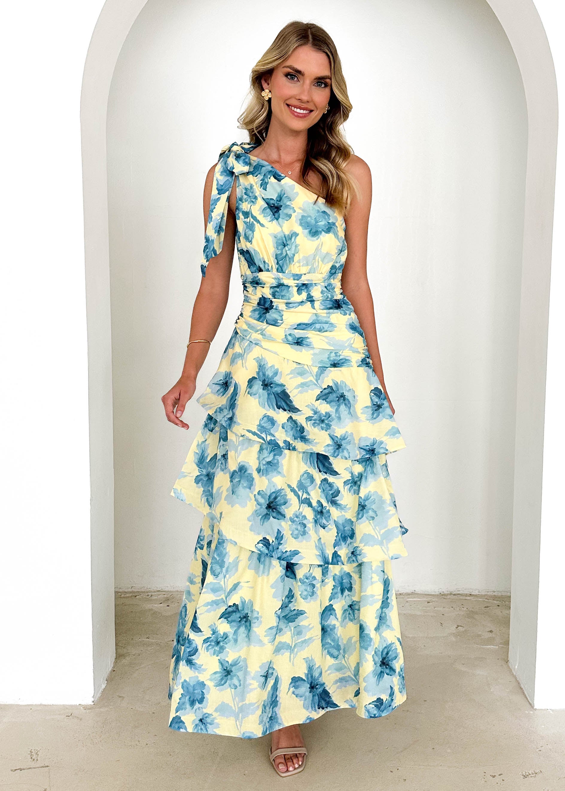 Anrielle One Shoulder Maxi Dress - Lemon Flowers