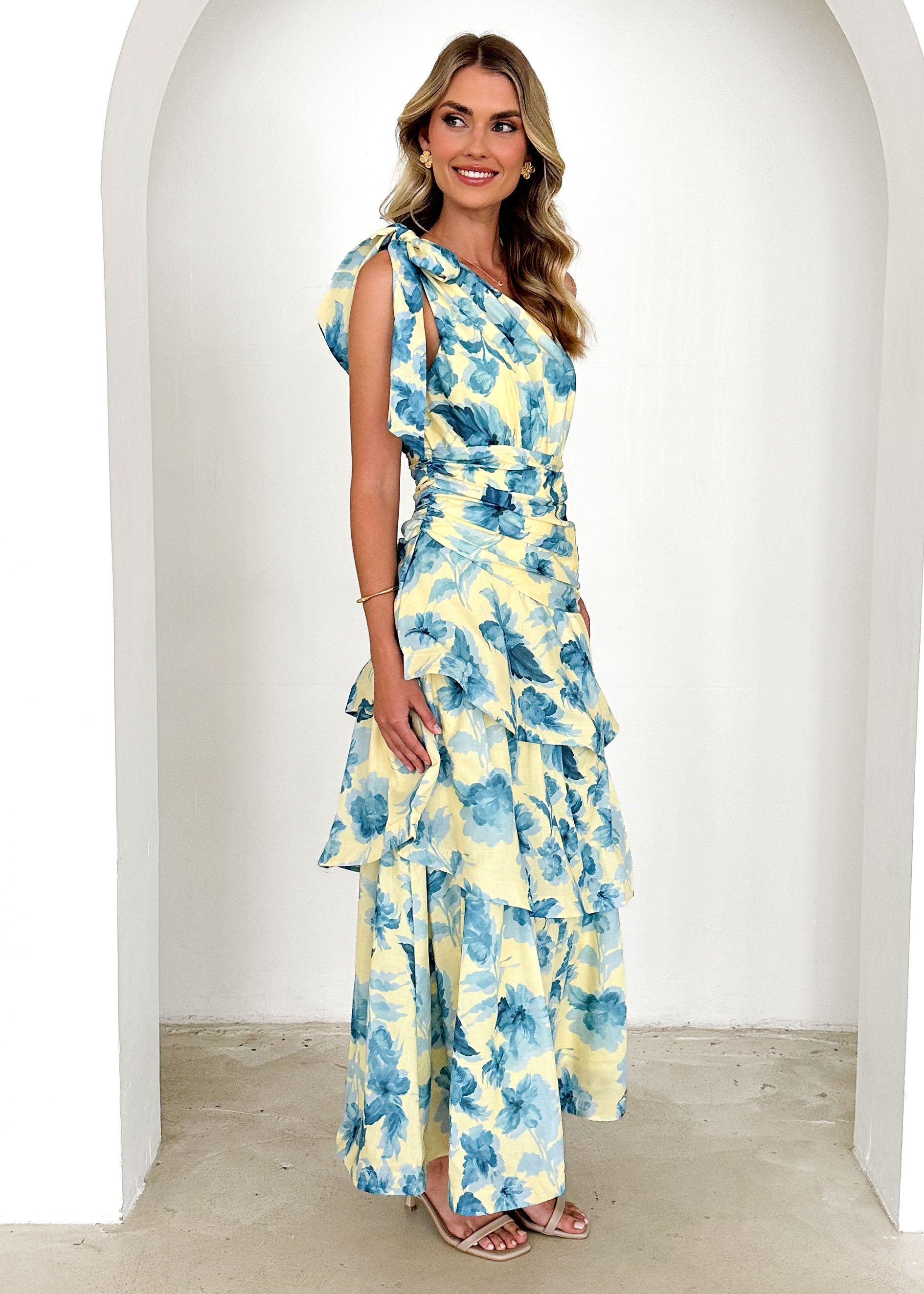 Anrielle One Shoulder Maxi Dress - Lemon Flowers