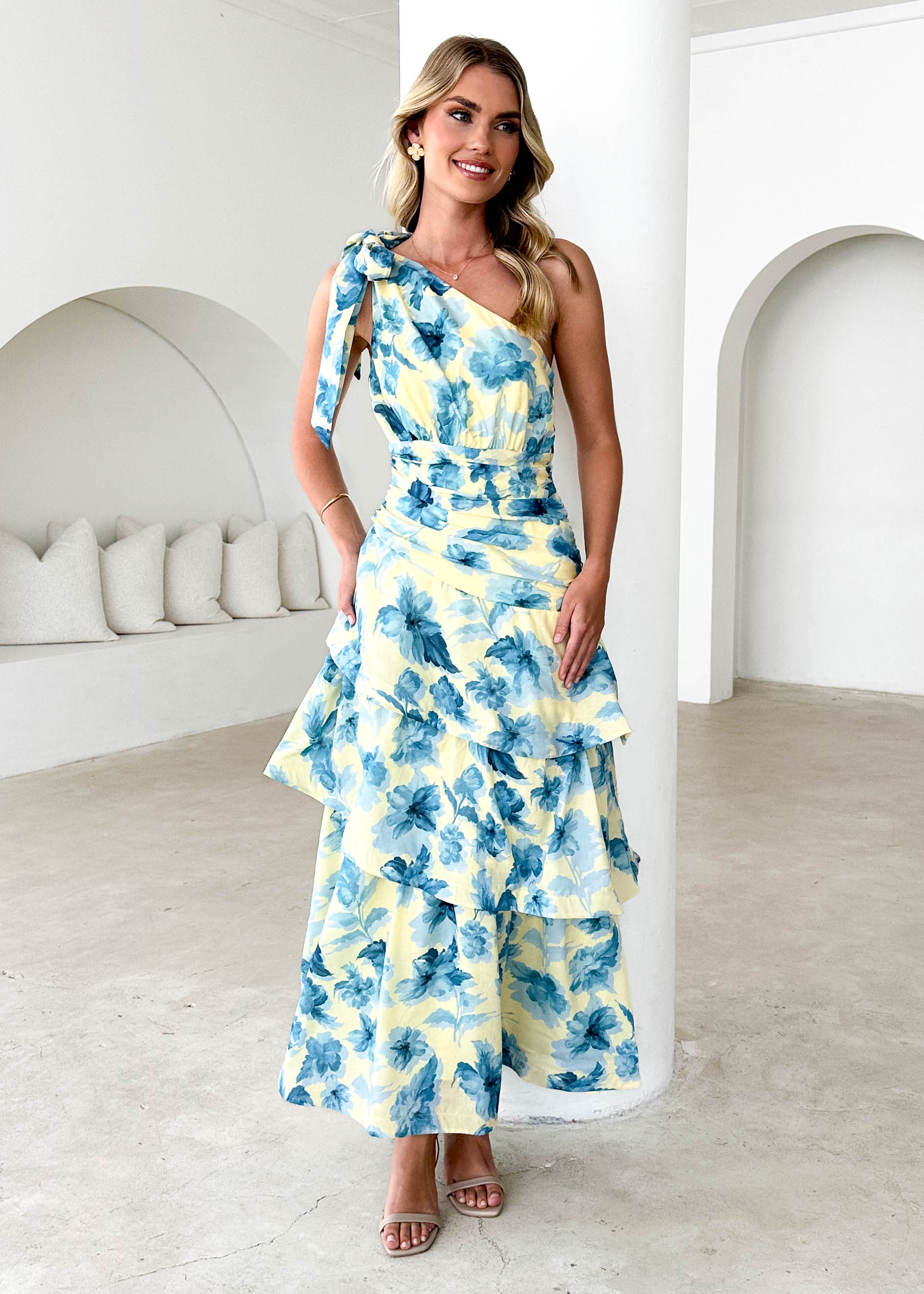 Anrielle One Shoulder Maxi Dress - Lemon Flowers