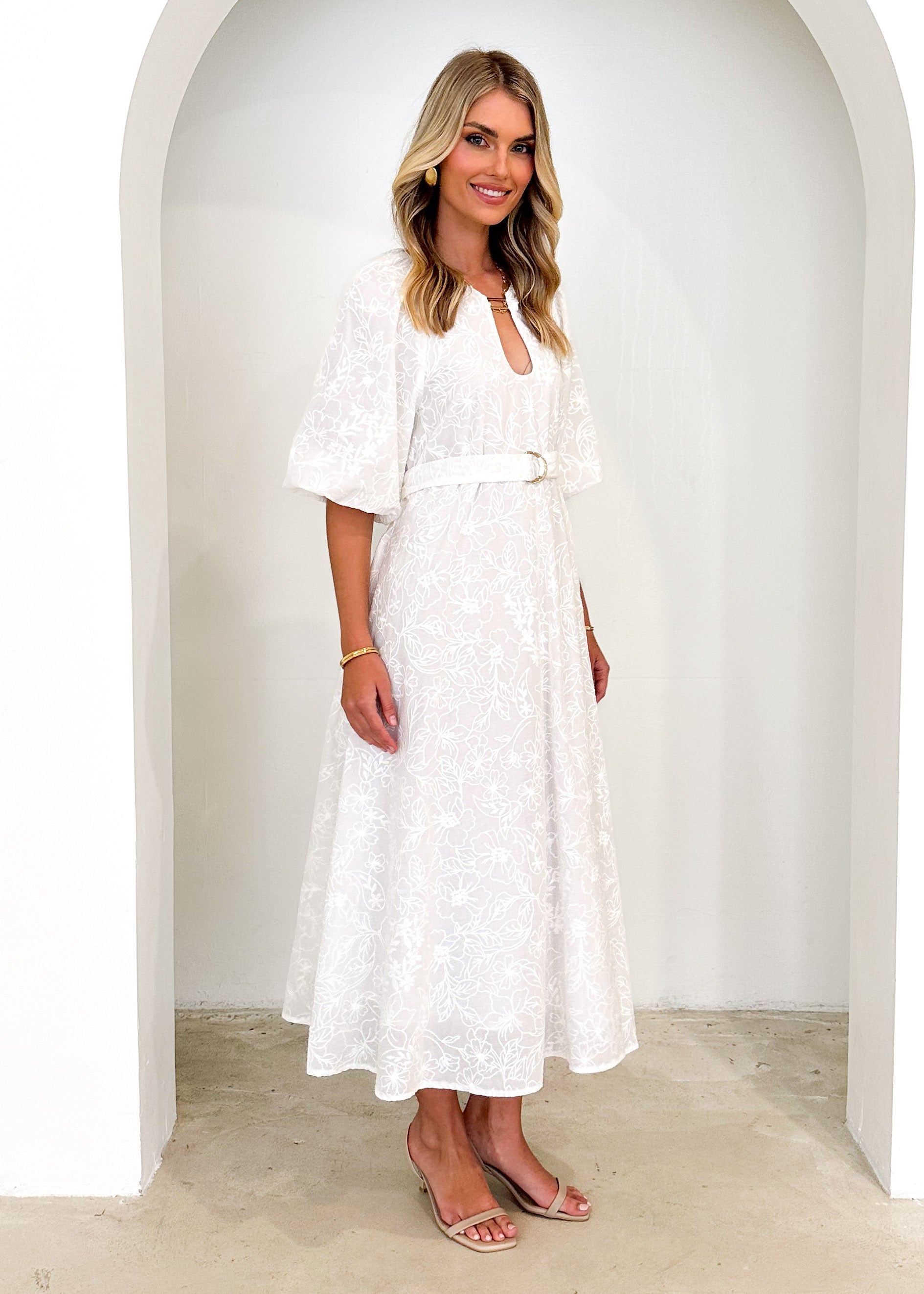 Vida Midi Dress - White Anglaise