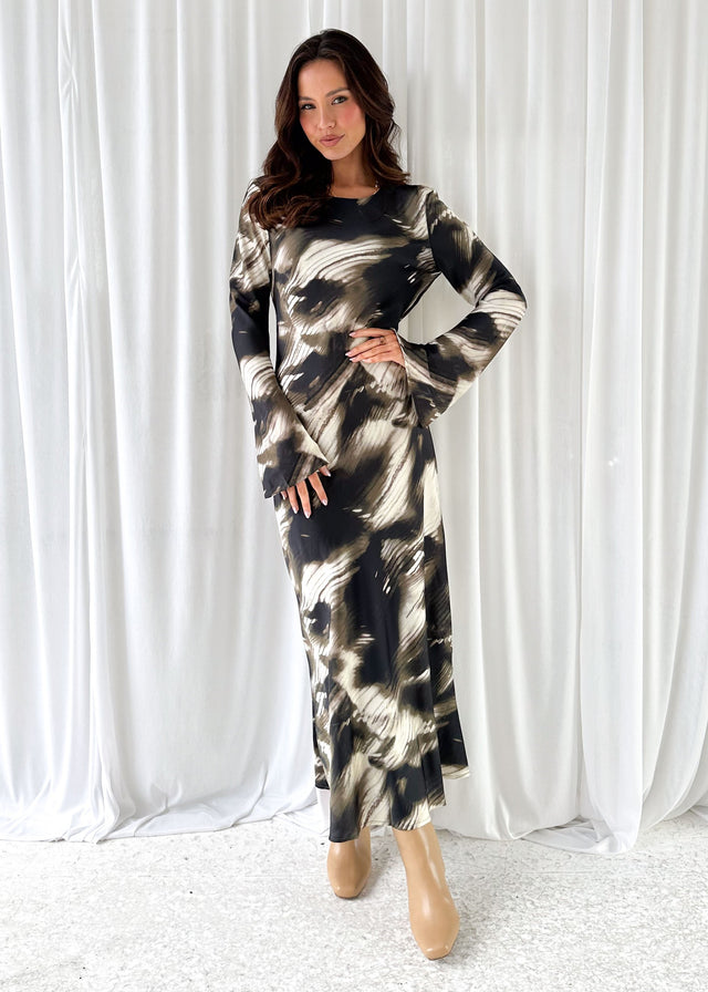 Keaton Maxi Dress - Khaki Abstract