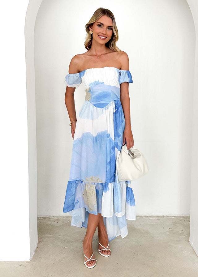 Salina Off Shoulder Midi Dress - Blue Flowers