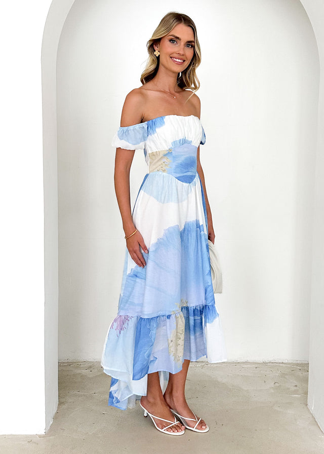 Salina Off Shoulder Midi Dress - Blue Flowers