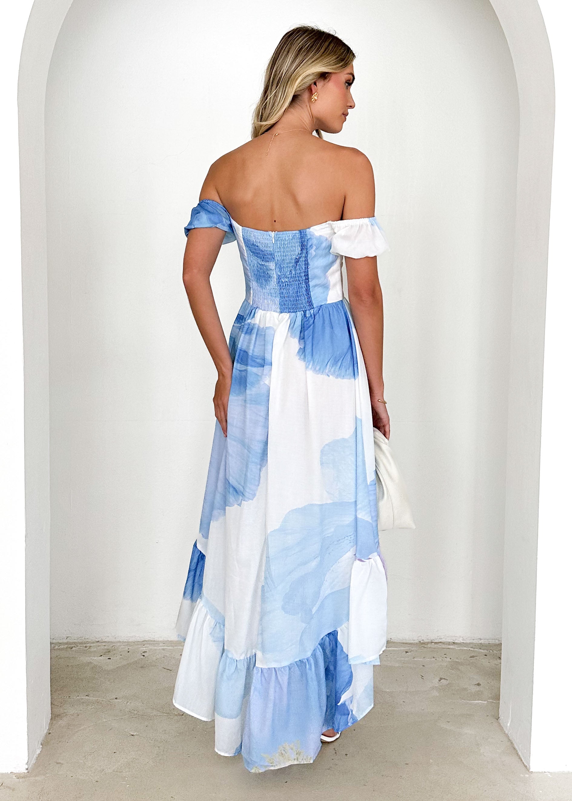 Salina Off Shoulder Midi Dress - Blue Flowers