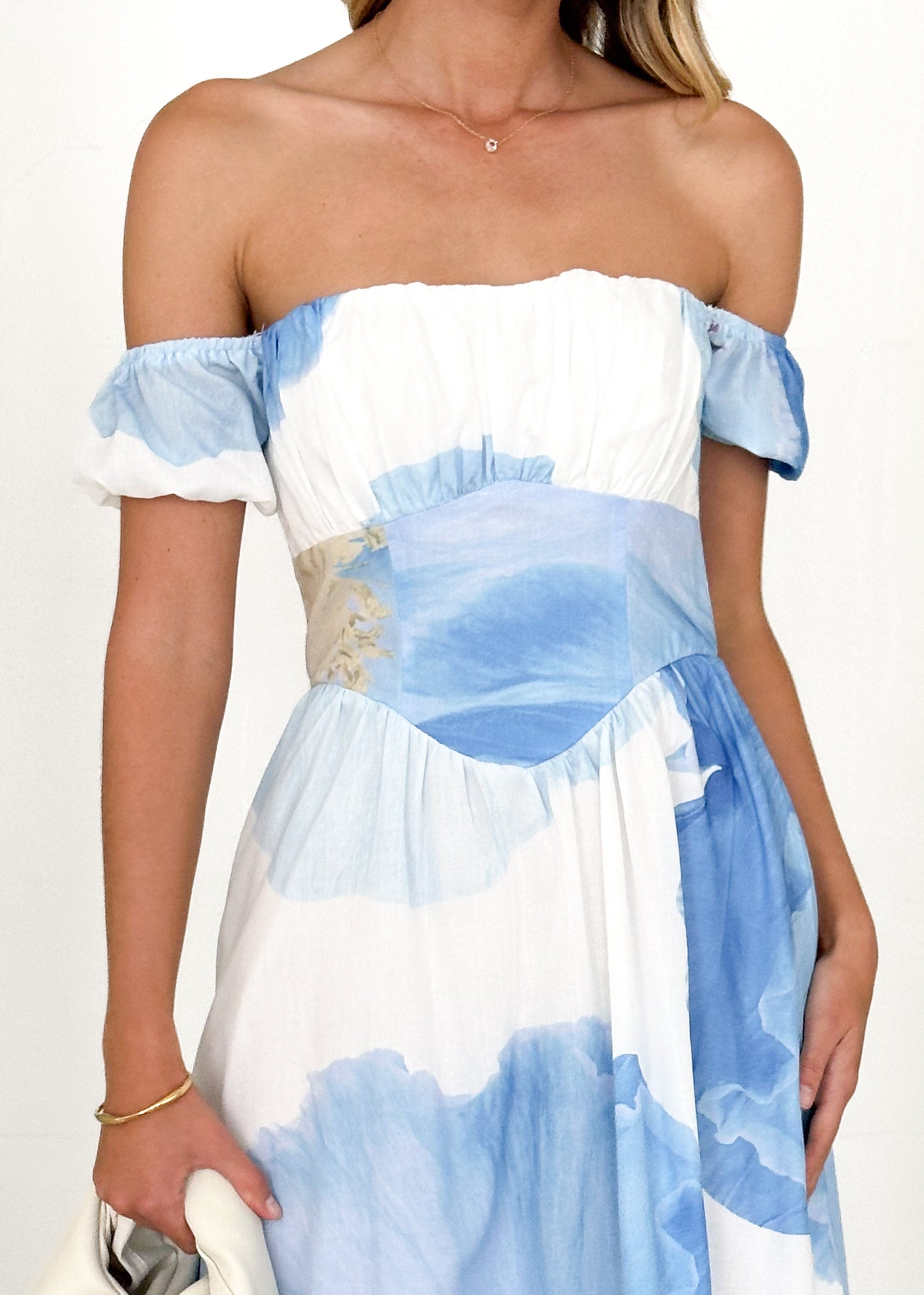 Salina Off Shoulder Midi Dress - Blue Flowers