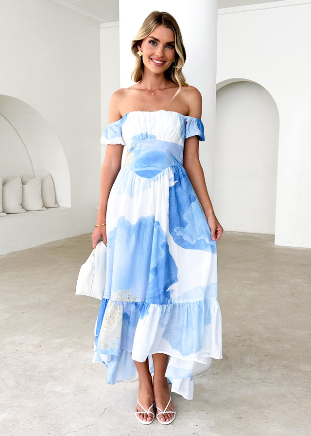 Salina Off Shoulder Midi Dress - Blue Flowers