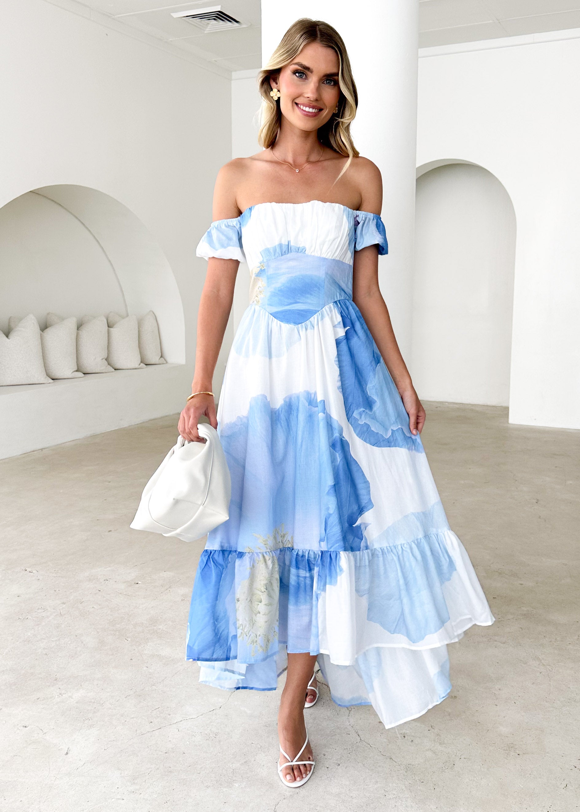 Salina Off Shoulder Midi Dress - Blue Flowers