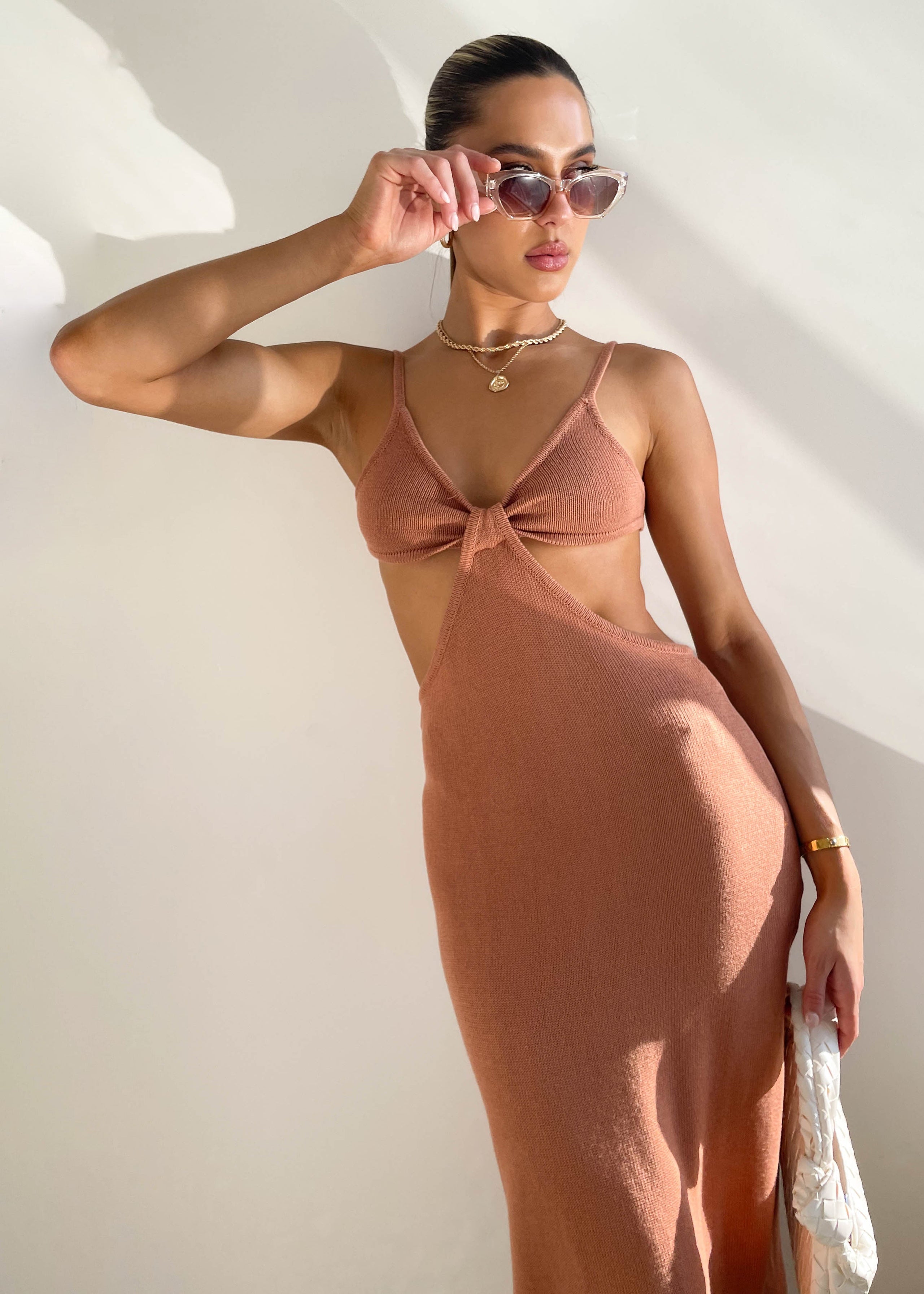 tan cut out dress Nude Sleeveless Cut Out Slit Midi Dress Large