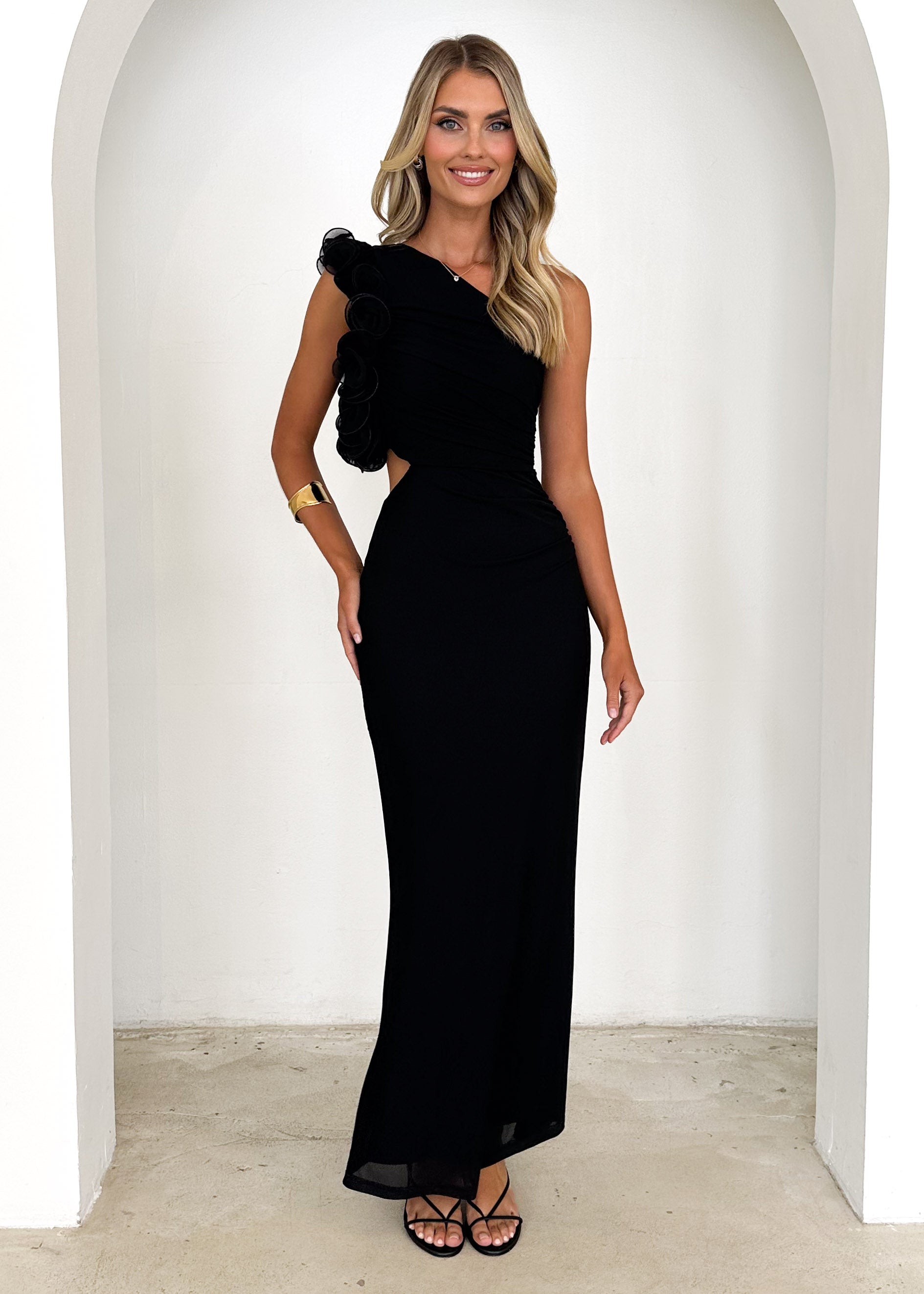 Oakes One Shoulder Mesh Maxi Dress - Black