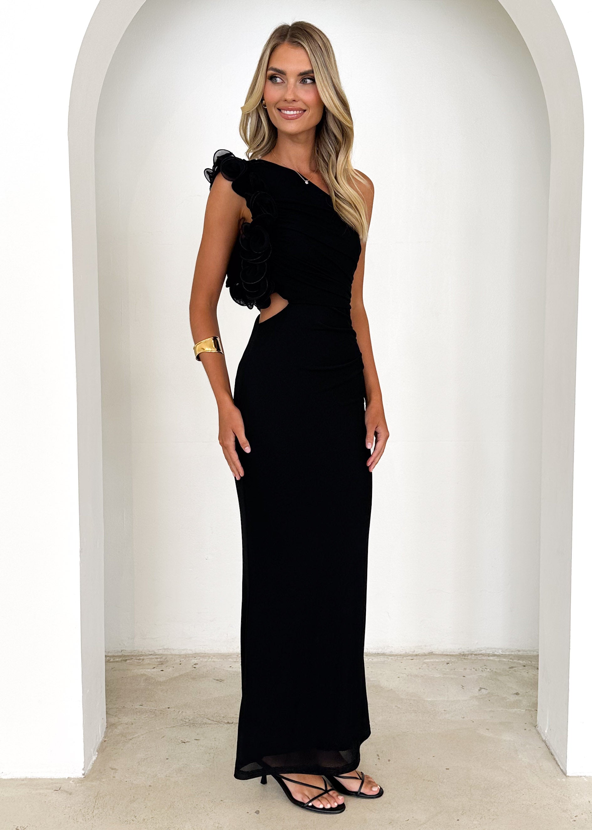 Oakes One Shoulder Mesh Maxi Dress - Black