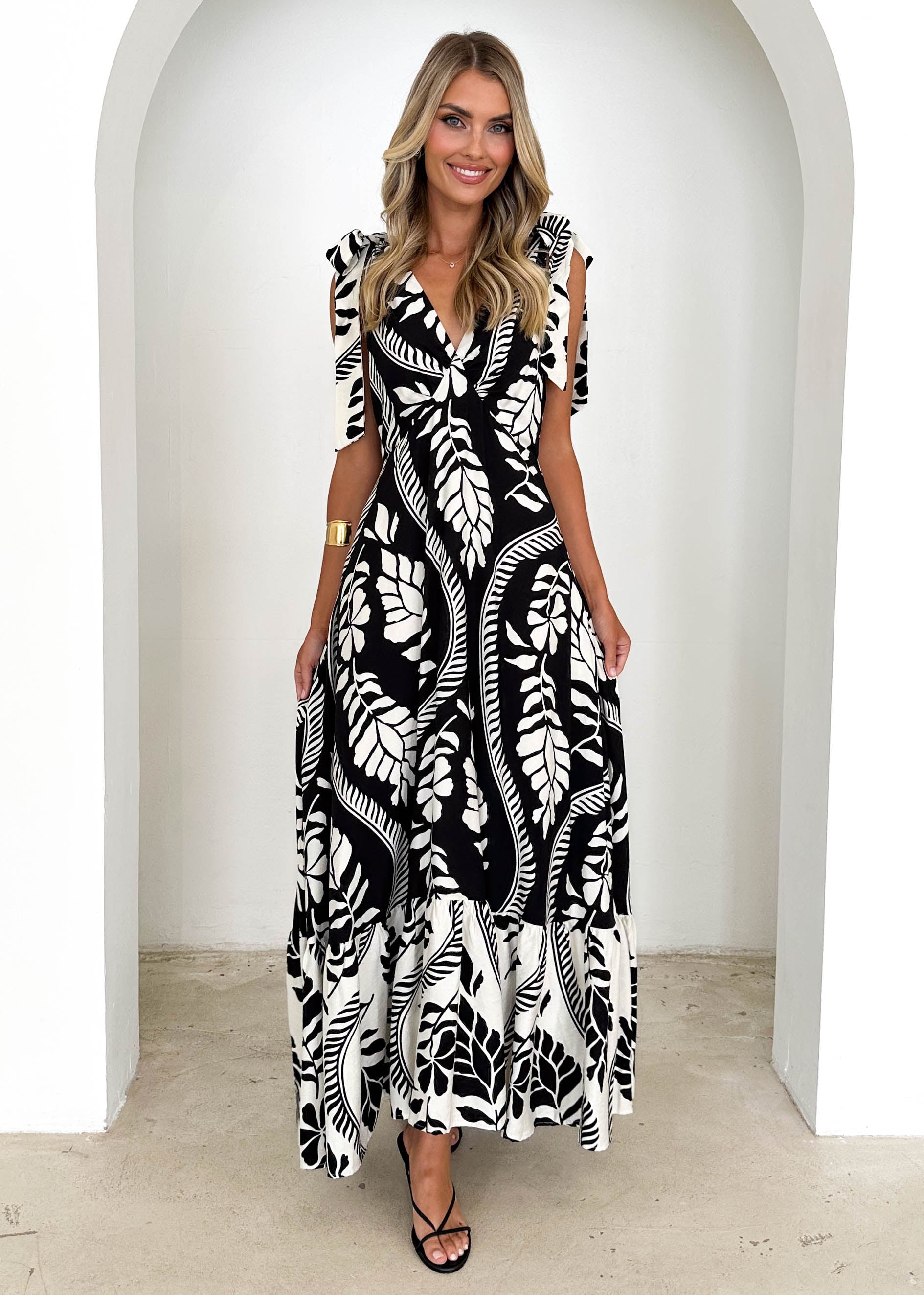 Havana Tie Midi Dress - Black Botanical