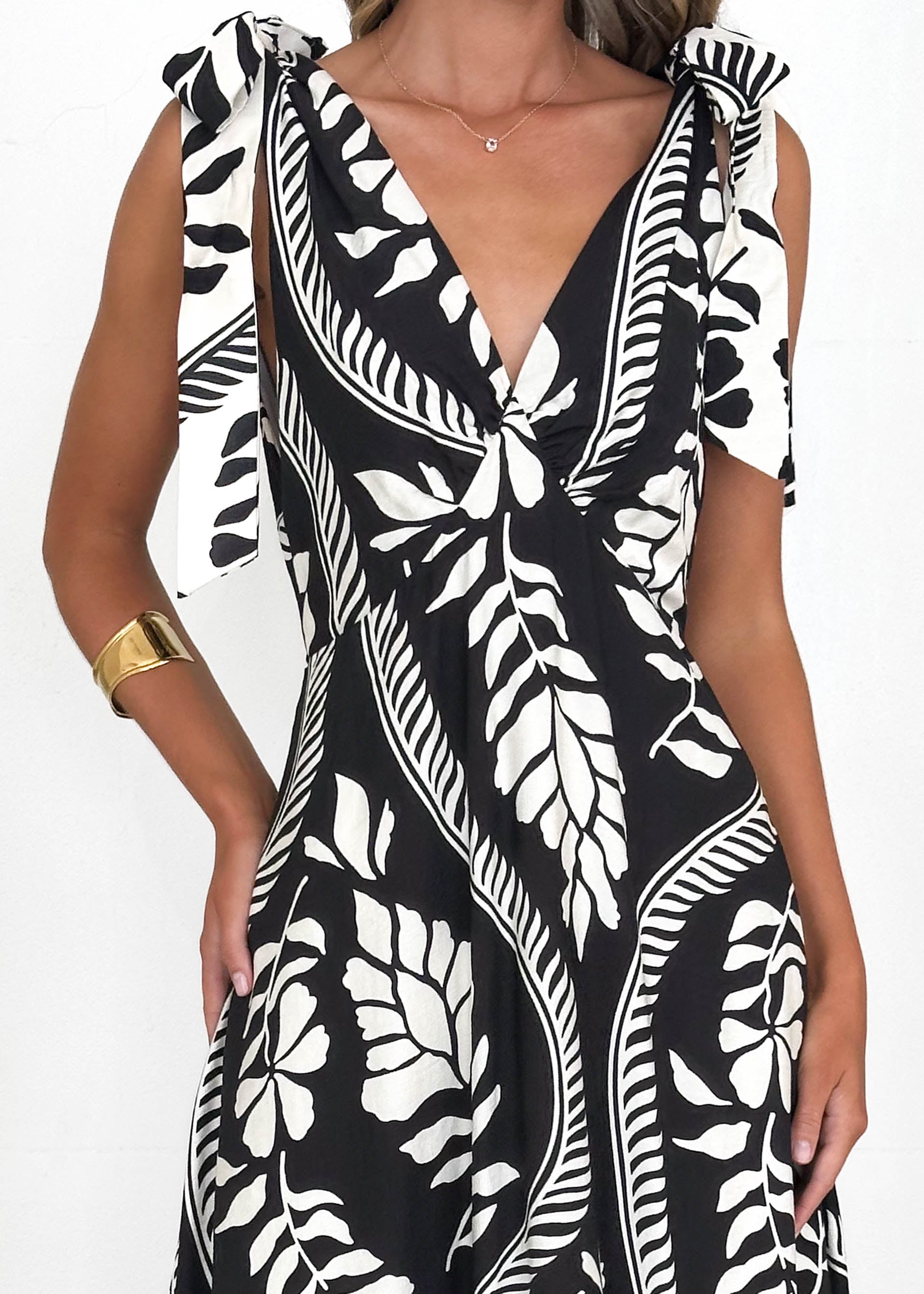 Havana Tie Midi Dress - Black Botanical