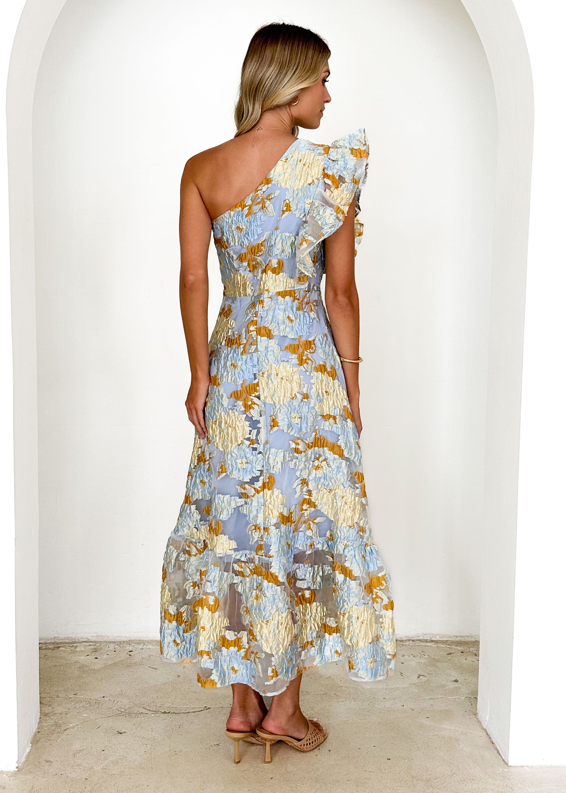 Airly One Shoulder Midi Dress - Blue Jacquard