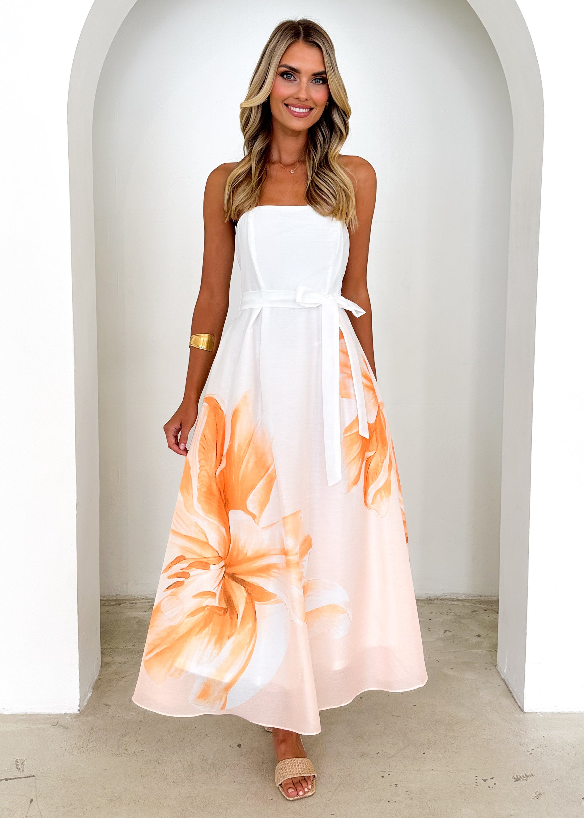 Naya Strapless Midi Dress - Peach Floral