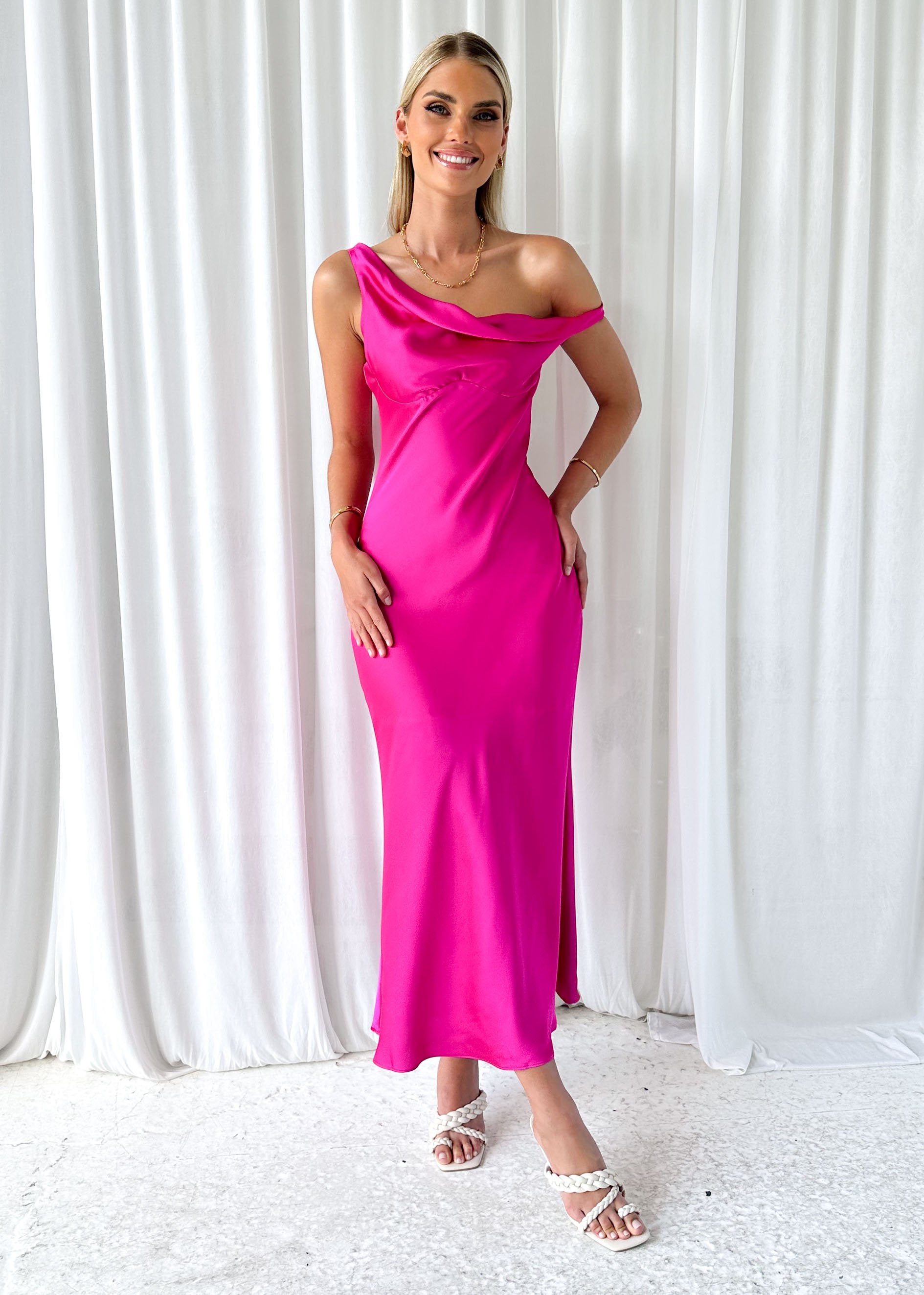 Draela One Shoulder Midi Dress - Pink