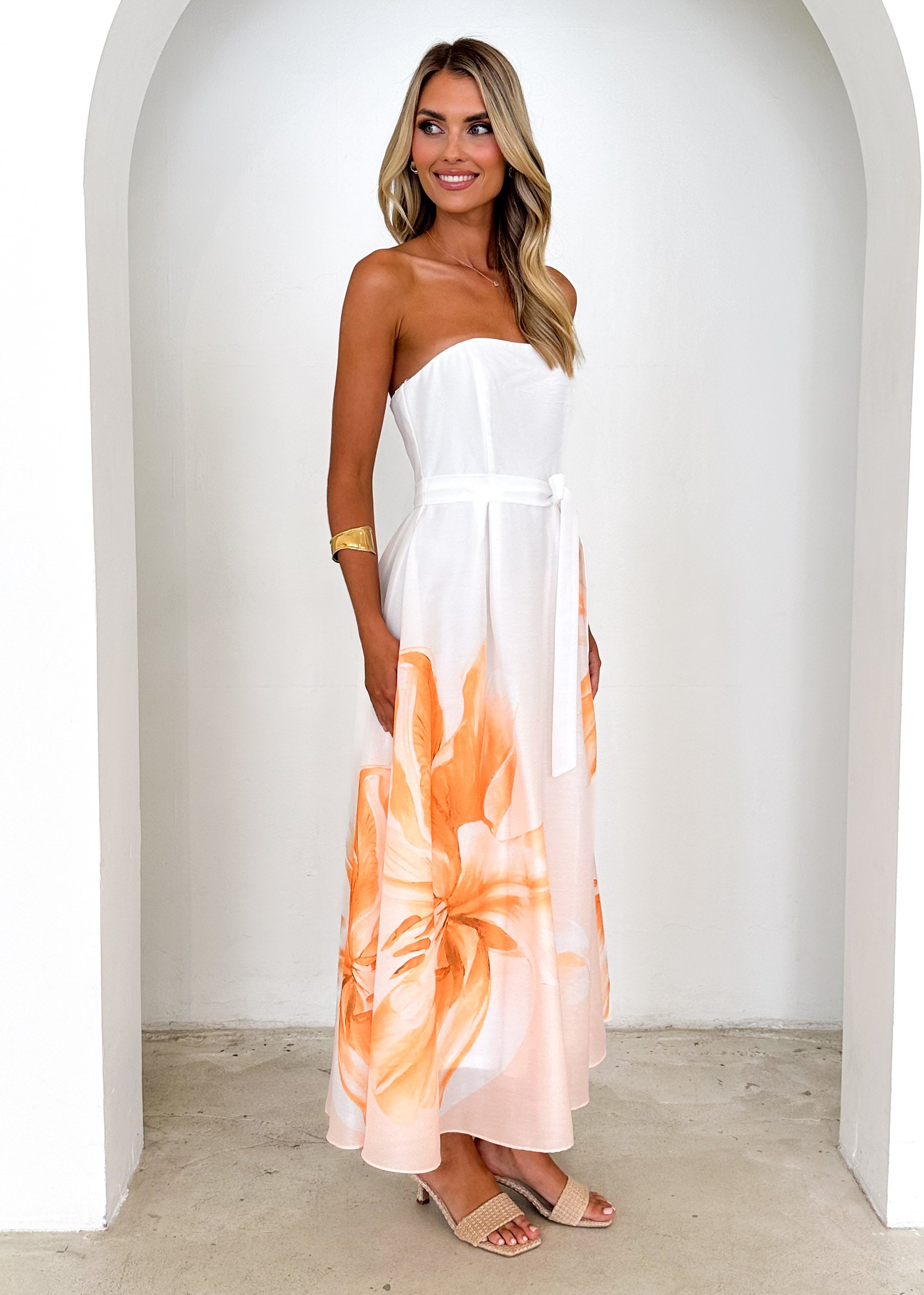 Naya Strapless Midi Dress - Peach Floral