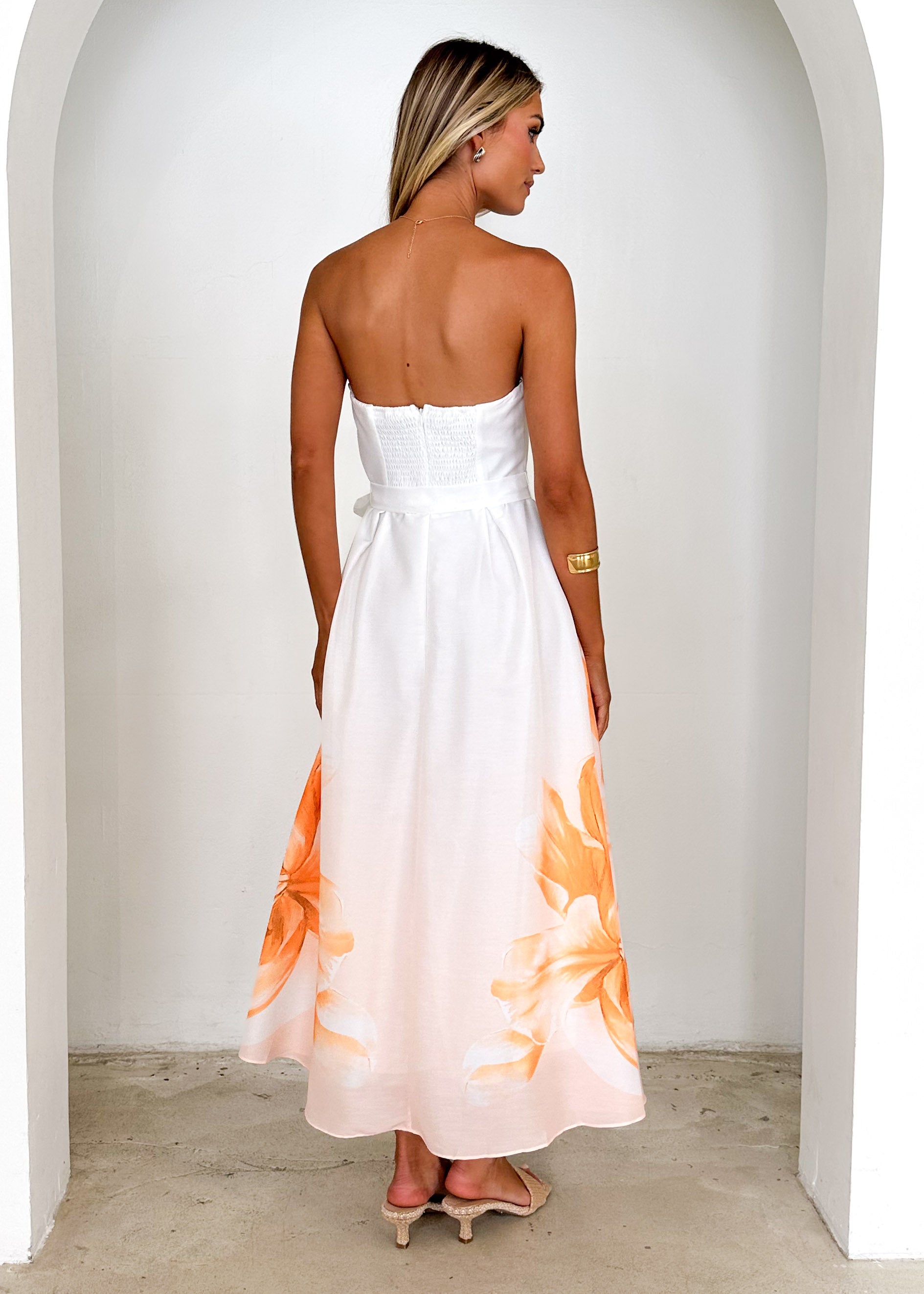 Naya Strapless Midi Dress - Peach Floral