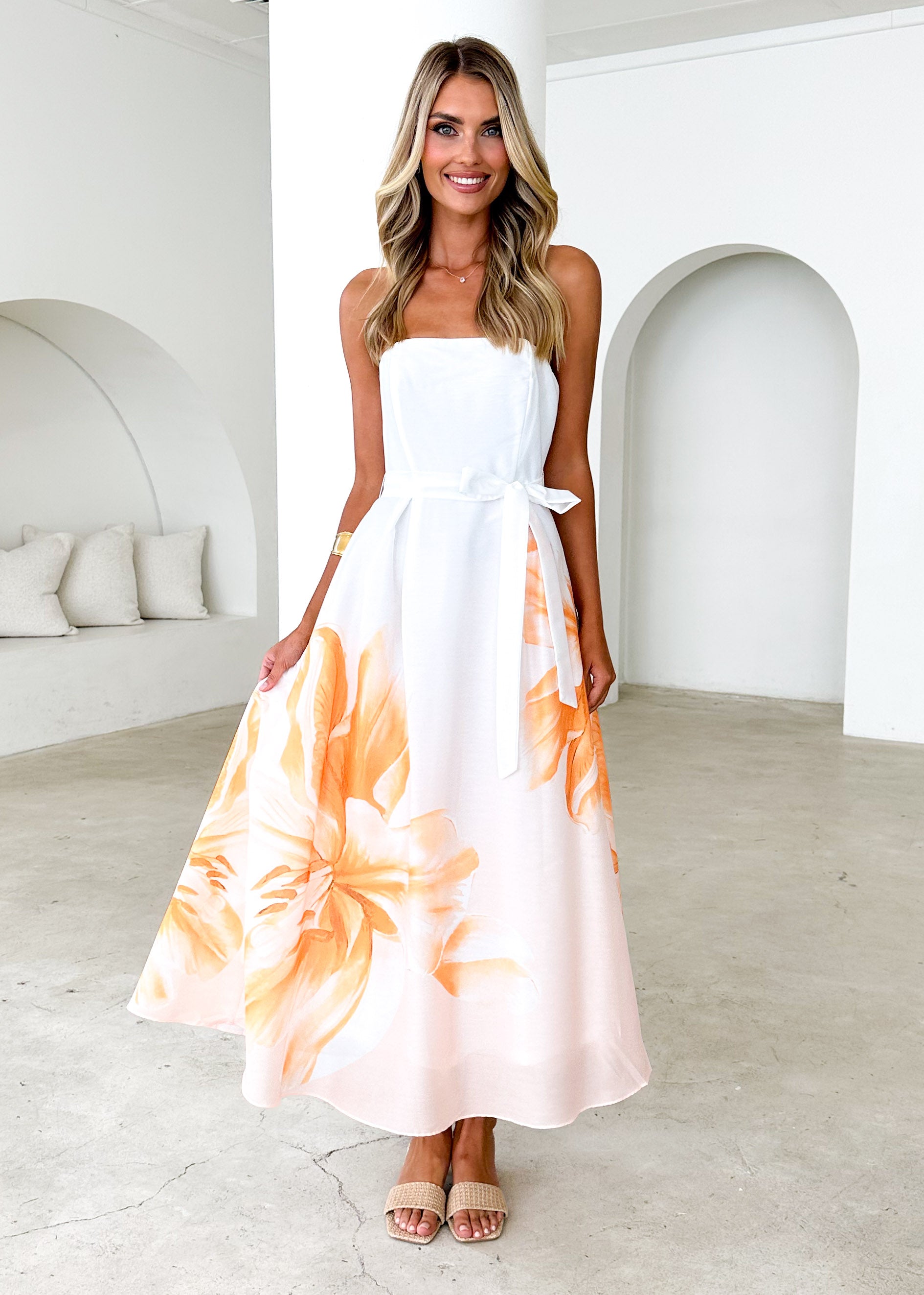 Naya Strapless Midi Dress - Peach Floral