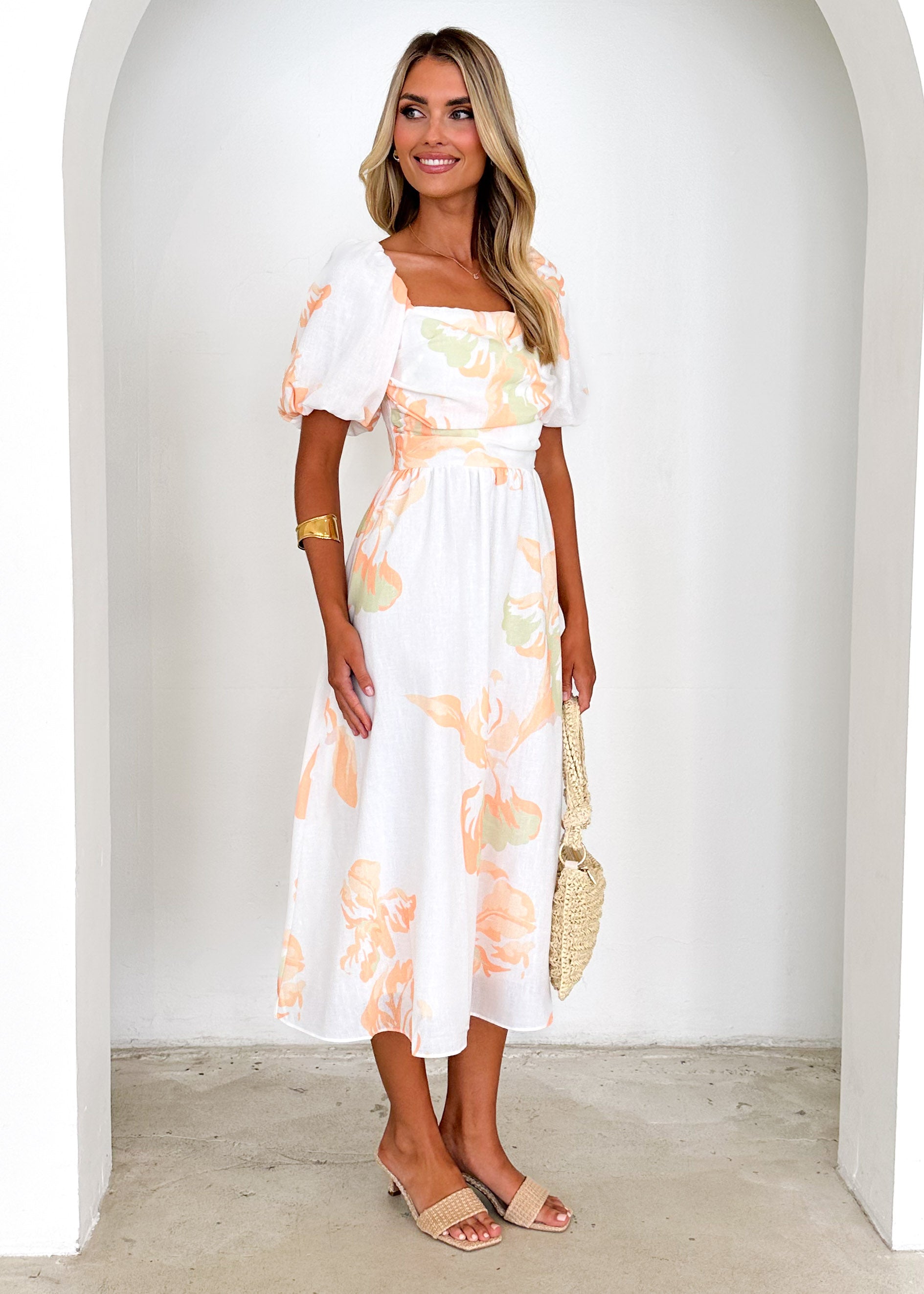 Pollen Midi Dress - Peach Floral