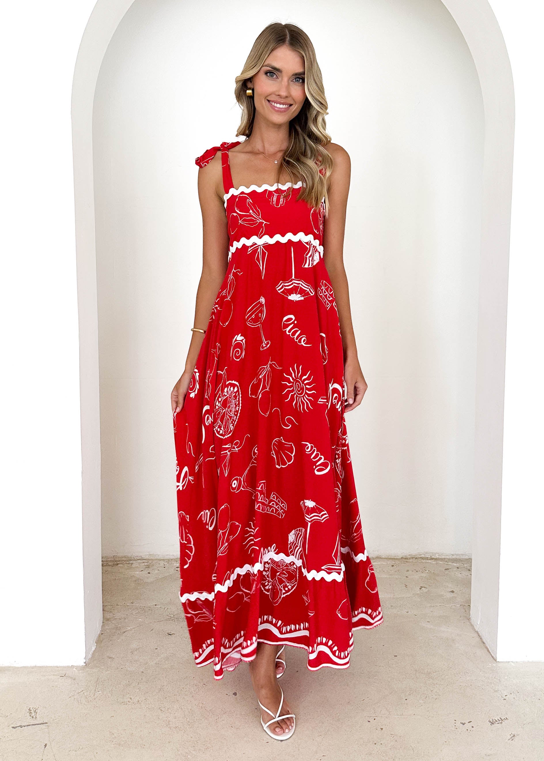 Riri Maxi Dress - Red Abstract