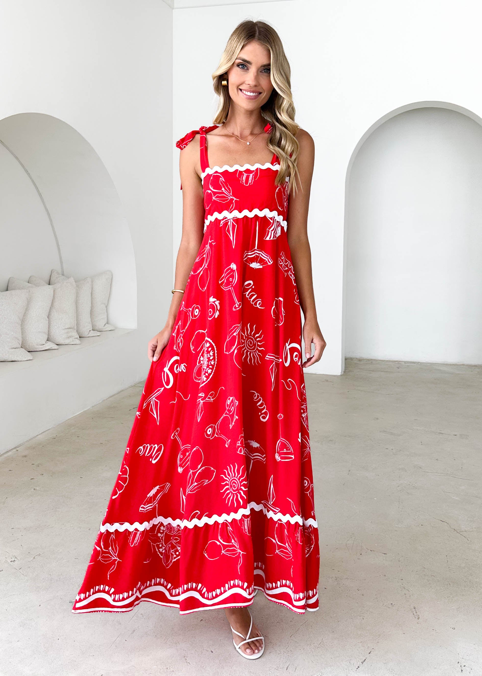 Riri Maxi Dress - Red Abstract