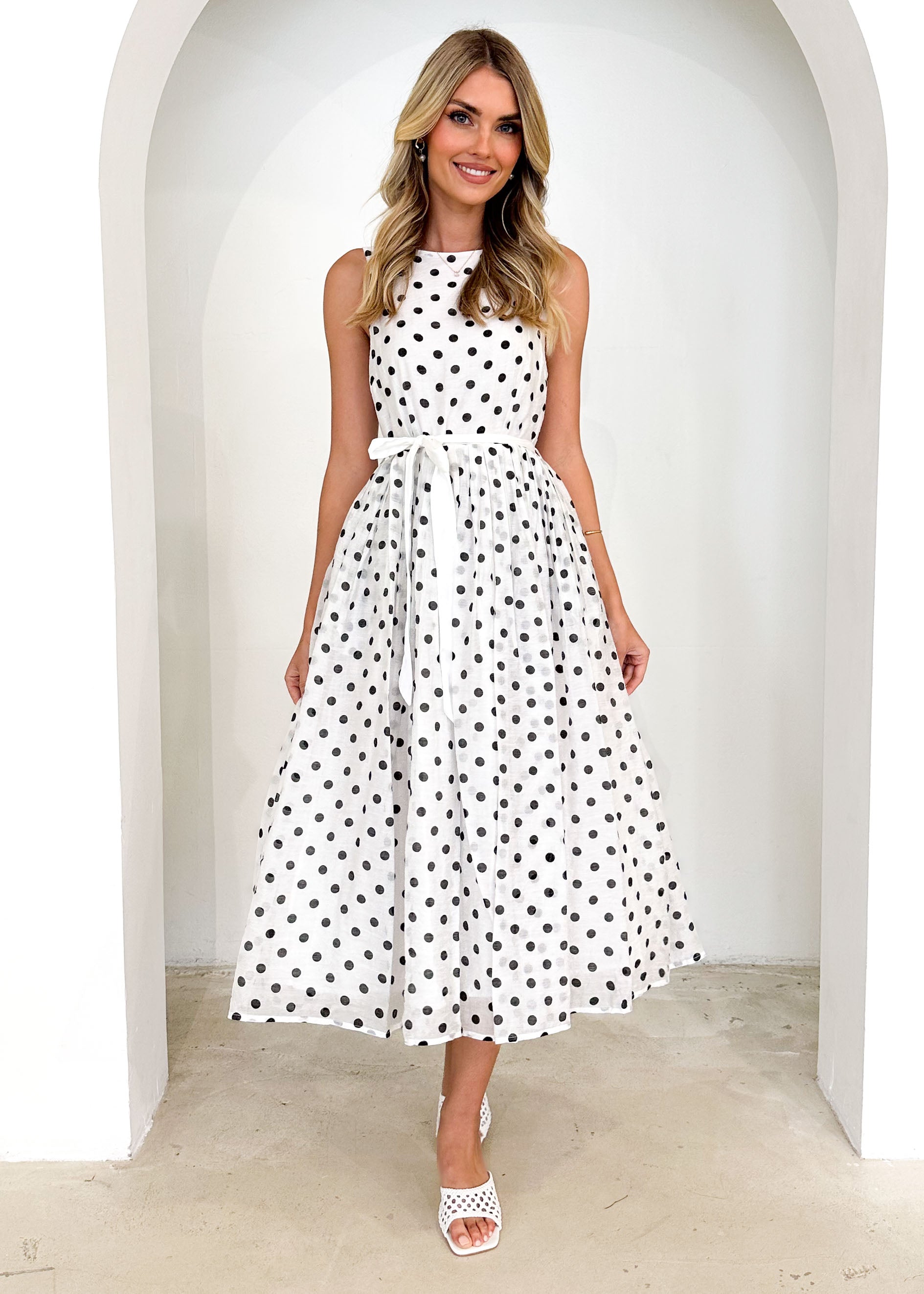 Zeela Midi Dress - White Polka