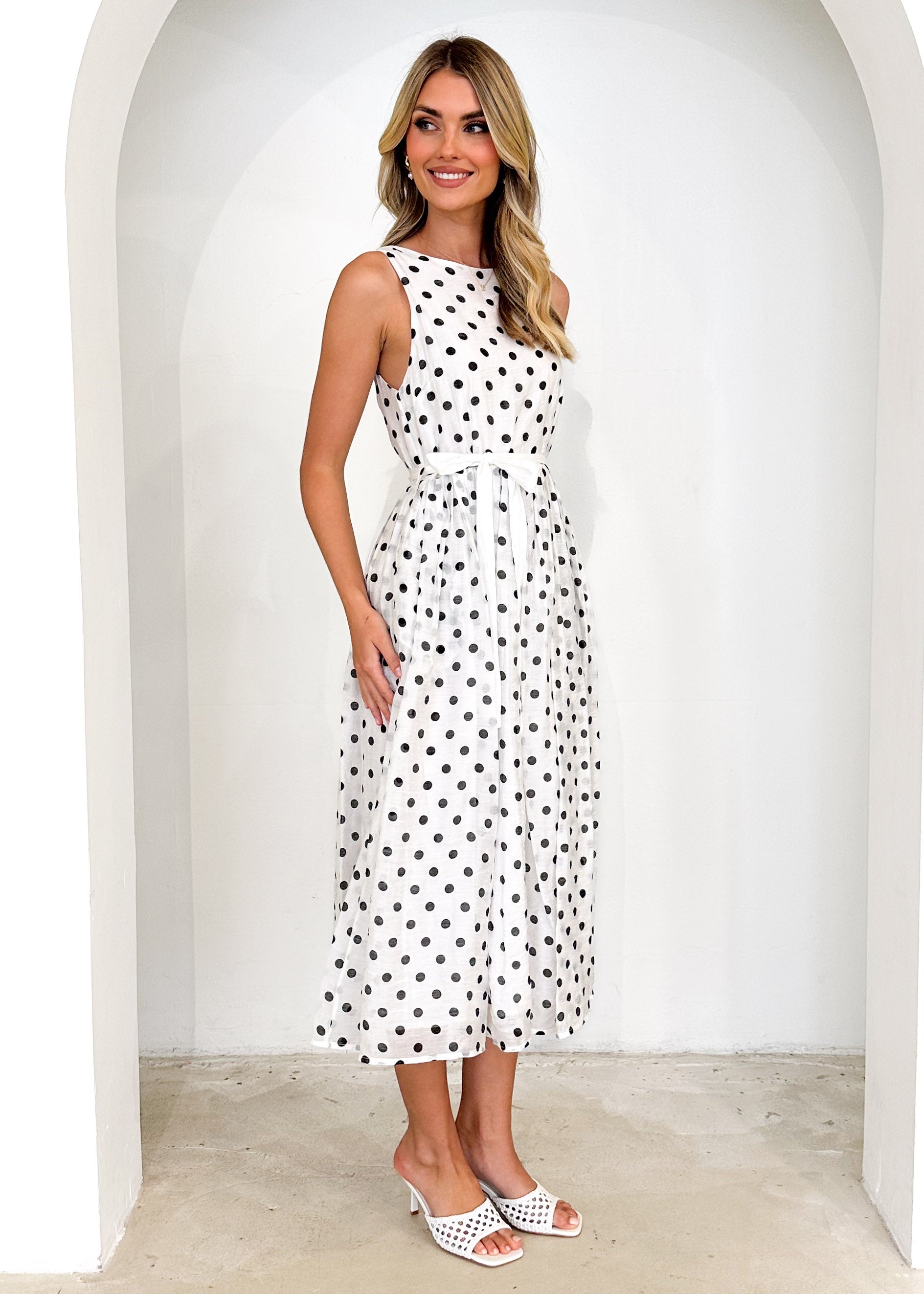 Zeela Midi Dress - White Polka