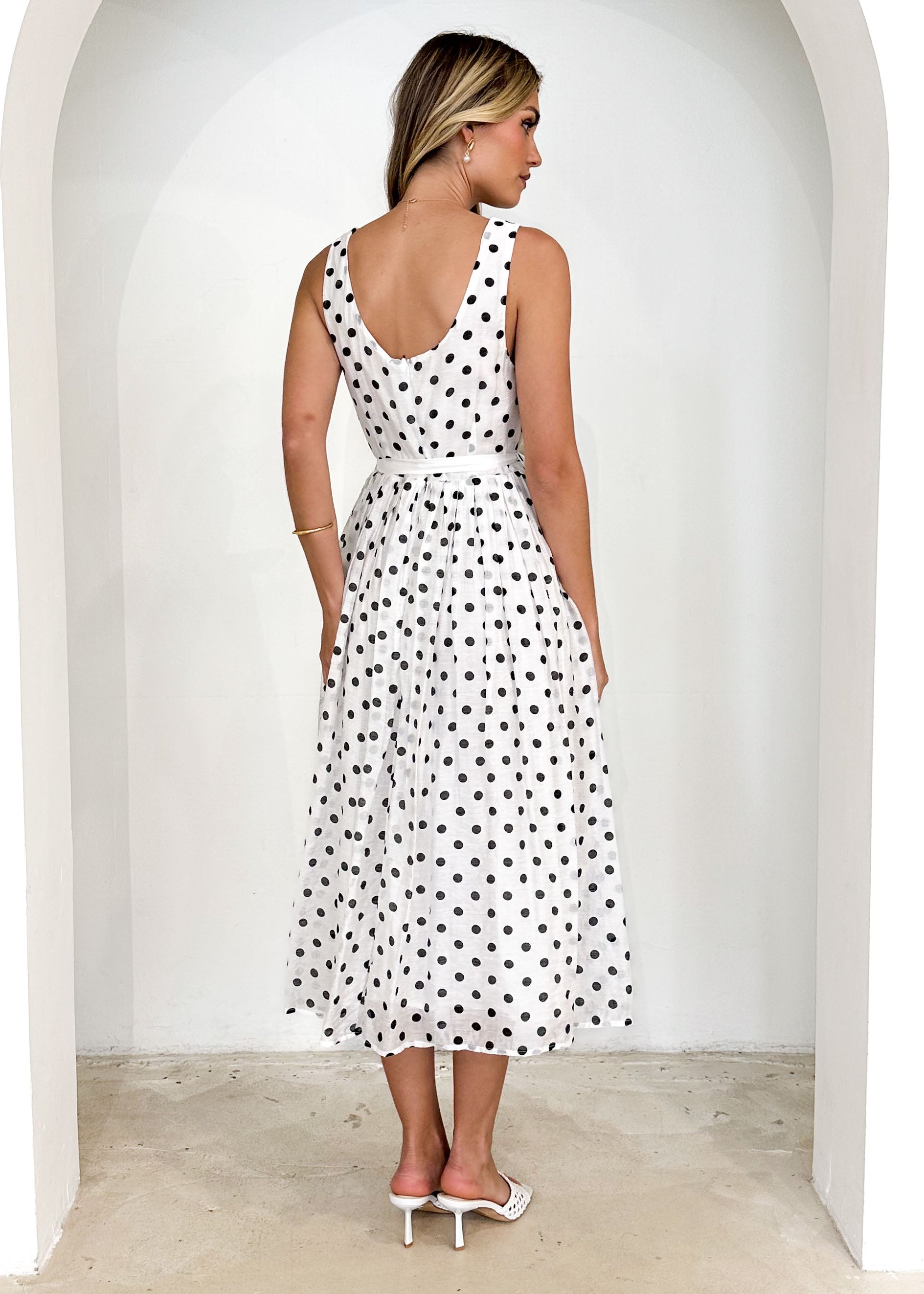 Zeela Midi Dress - White Polka