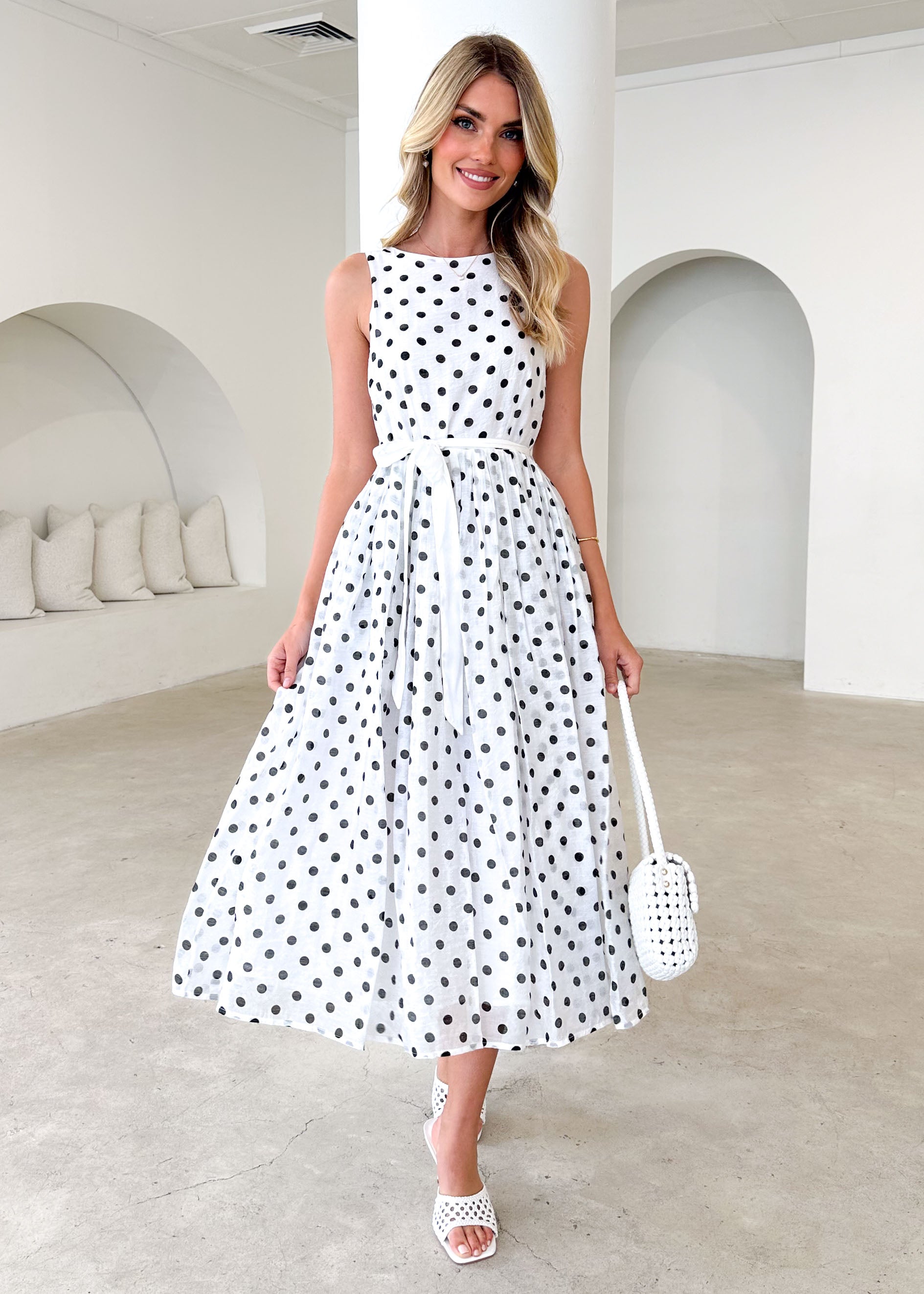 Zeela Midi Dress - White Polka