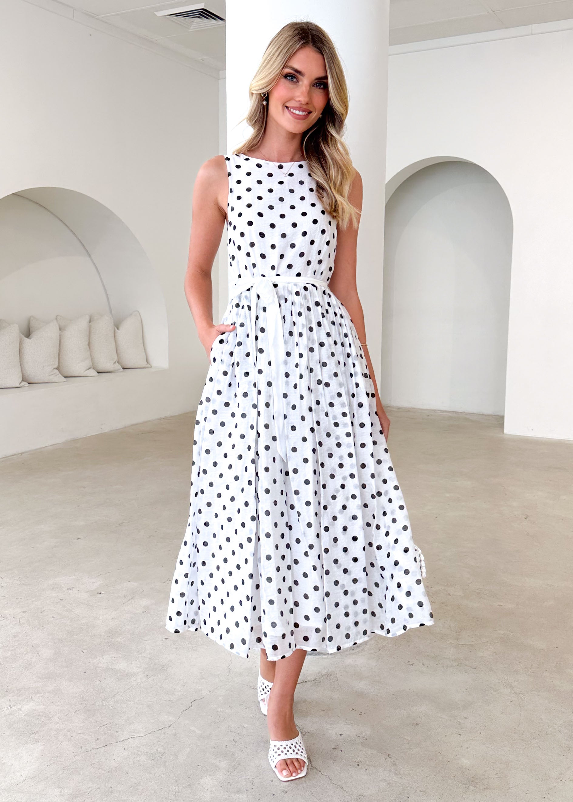 Zeela Midi Dress - White Polka