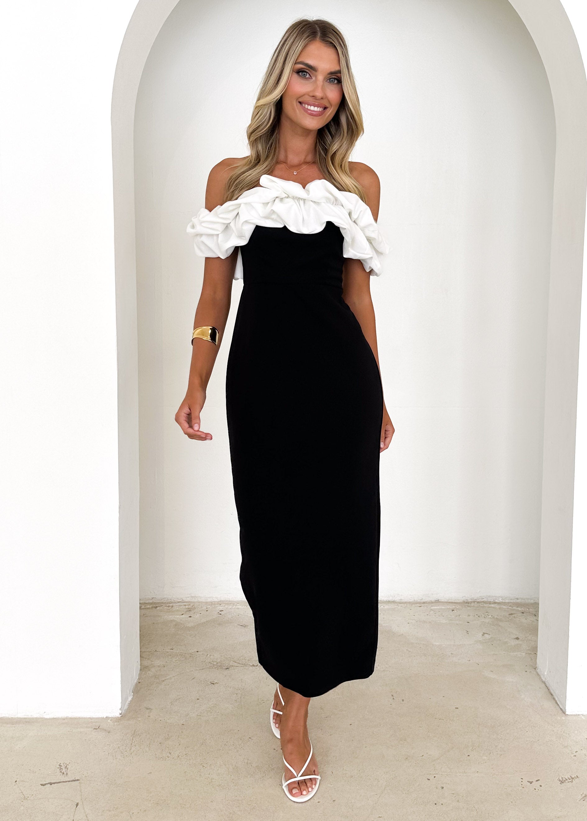 Ashlynn Off Shoulder Midi Dress - Black Splice