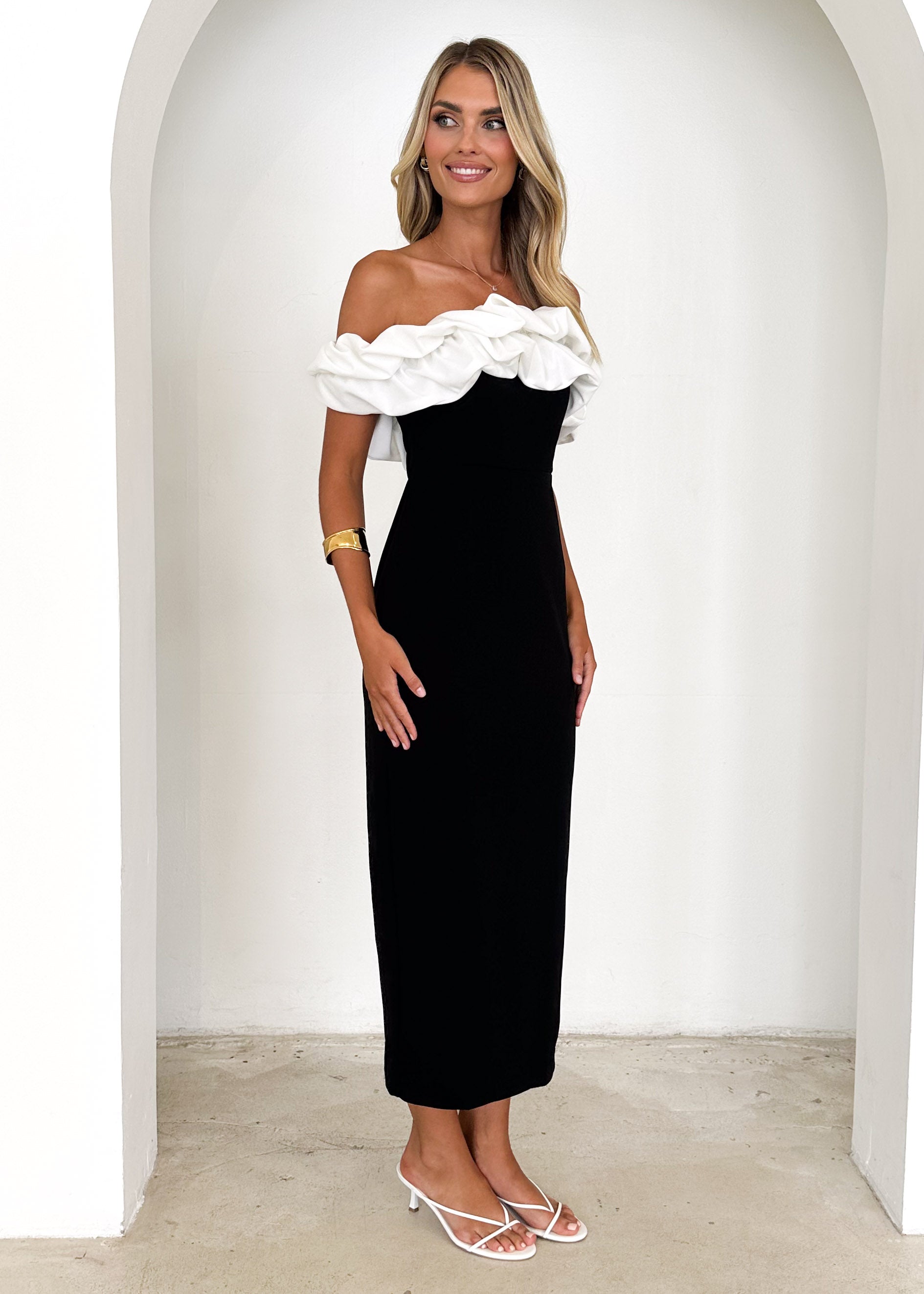 Ashlynn Off Shoulder Midi Dress - Black Splice