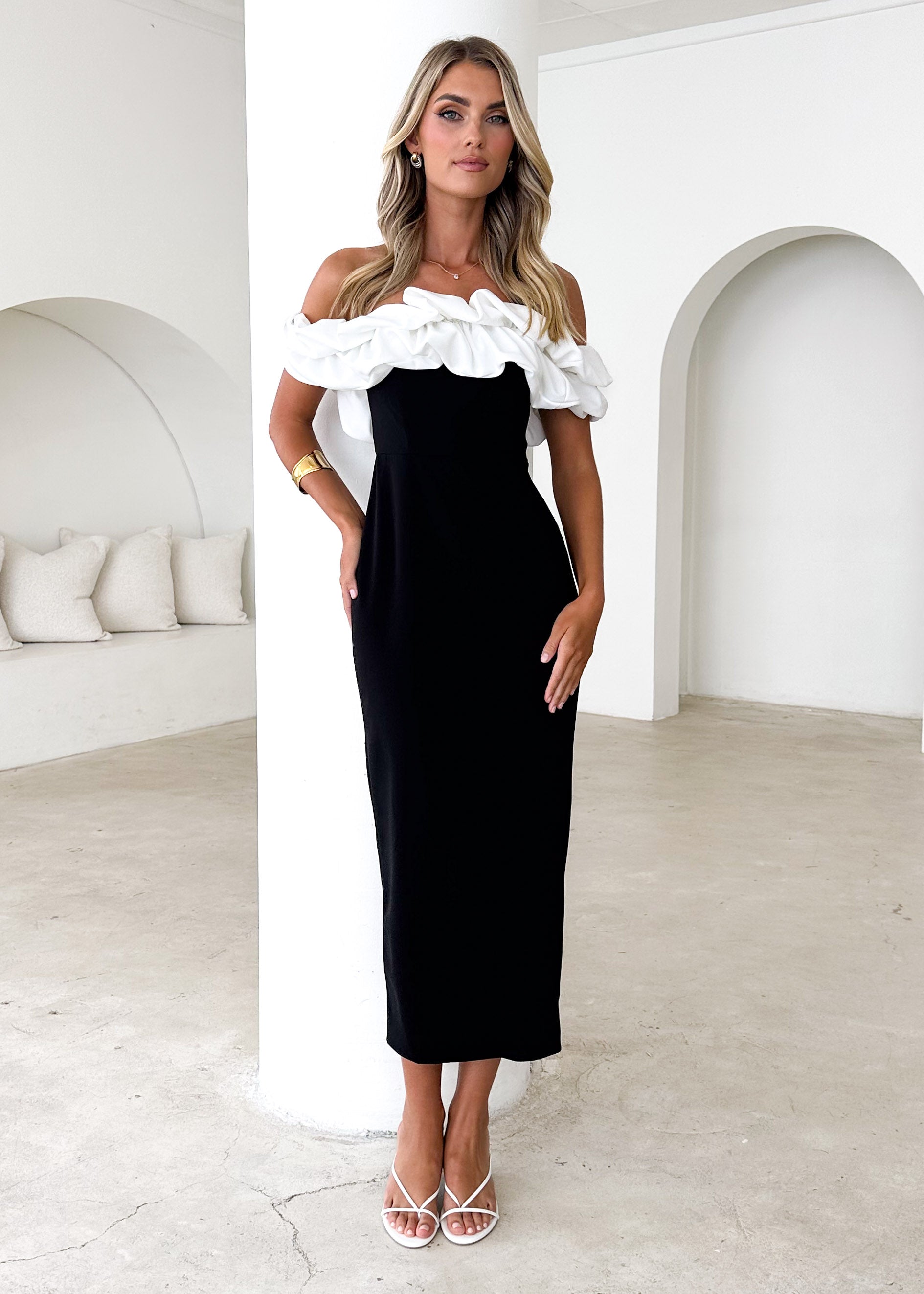 Ashlynn Off Shoulder Midi Dress - Black Splice