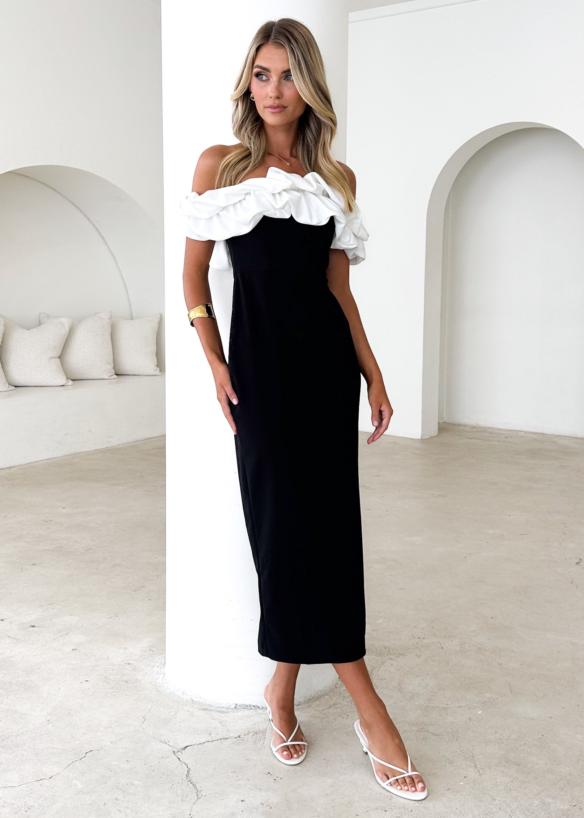 Ashlynn Off Shoulder Midi Dress - Black Splice