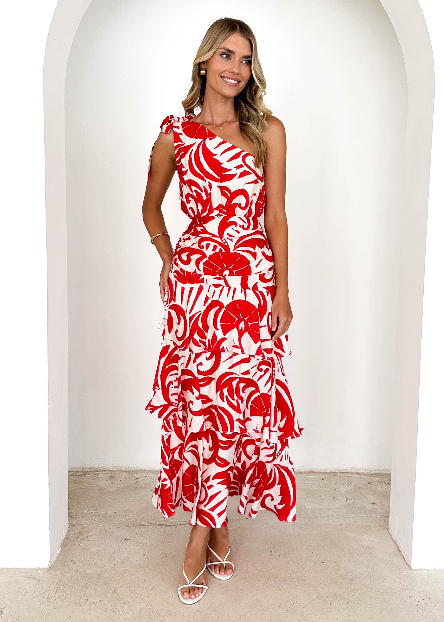 Polly One Shoulder Maxi Dress - Red Abstract