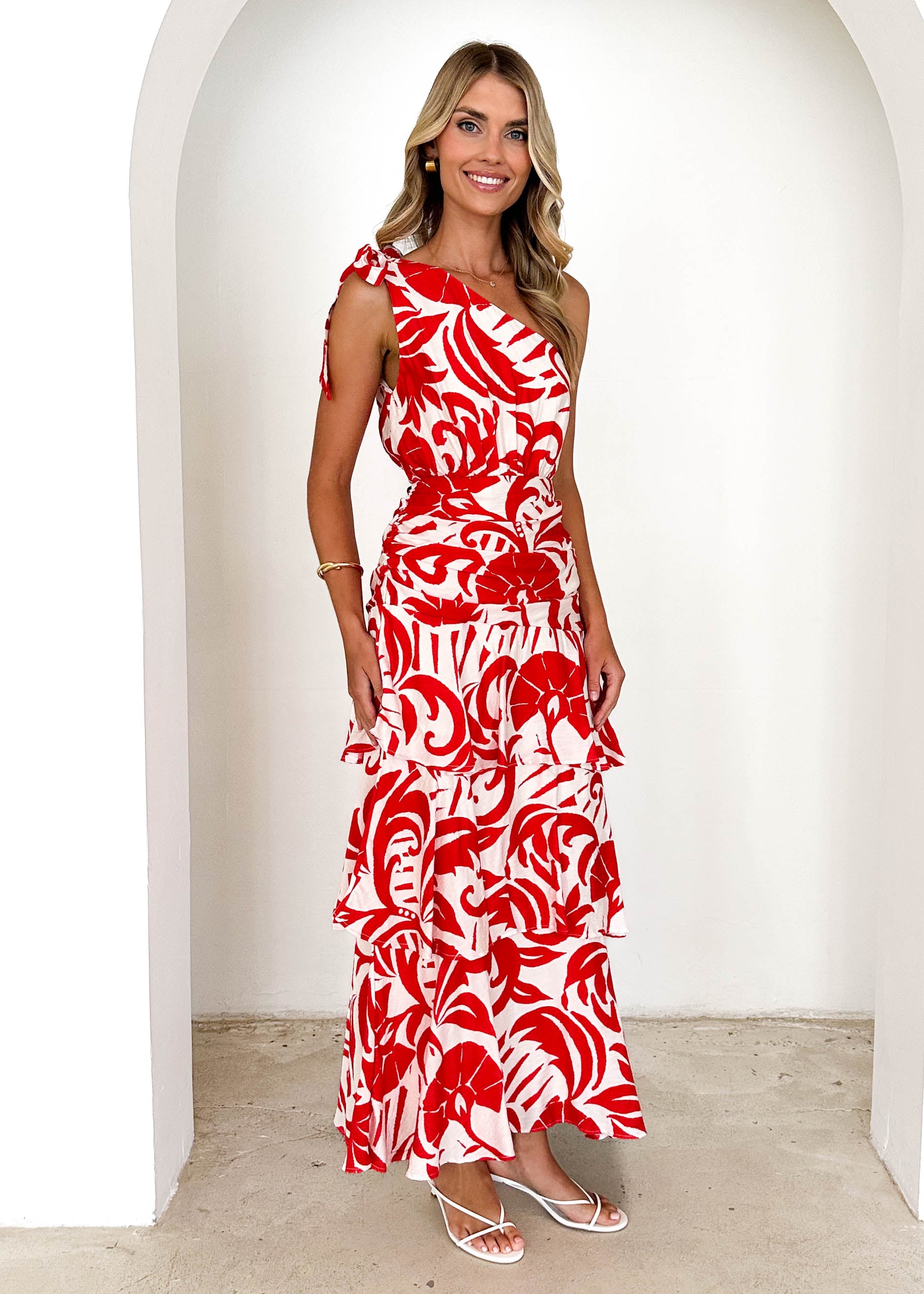 Polly One Shoulder Maxi Dress - Red Abstract