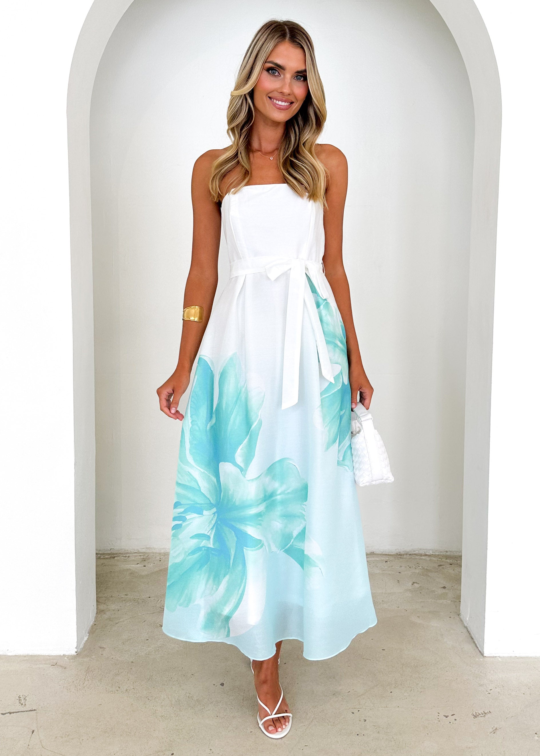 Naya Strapless Midi Dress - Mint Floral