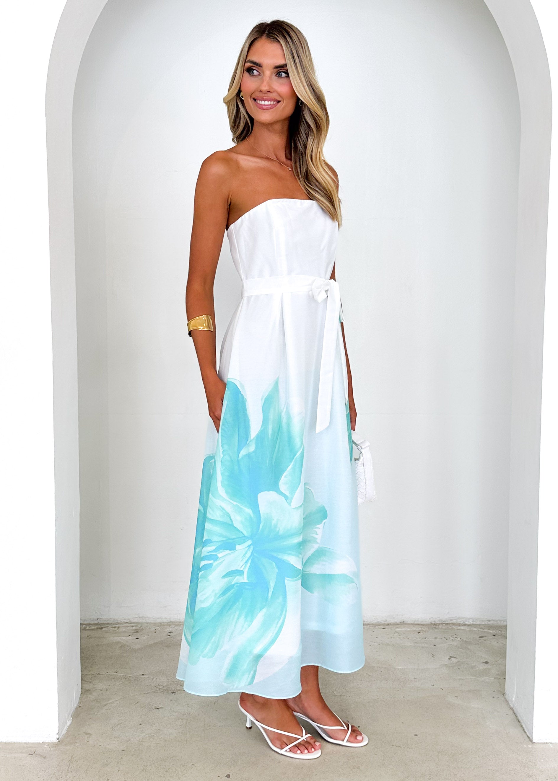 Naya Strapless Midi Dress - Mint Floral