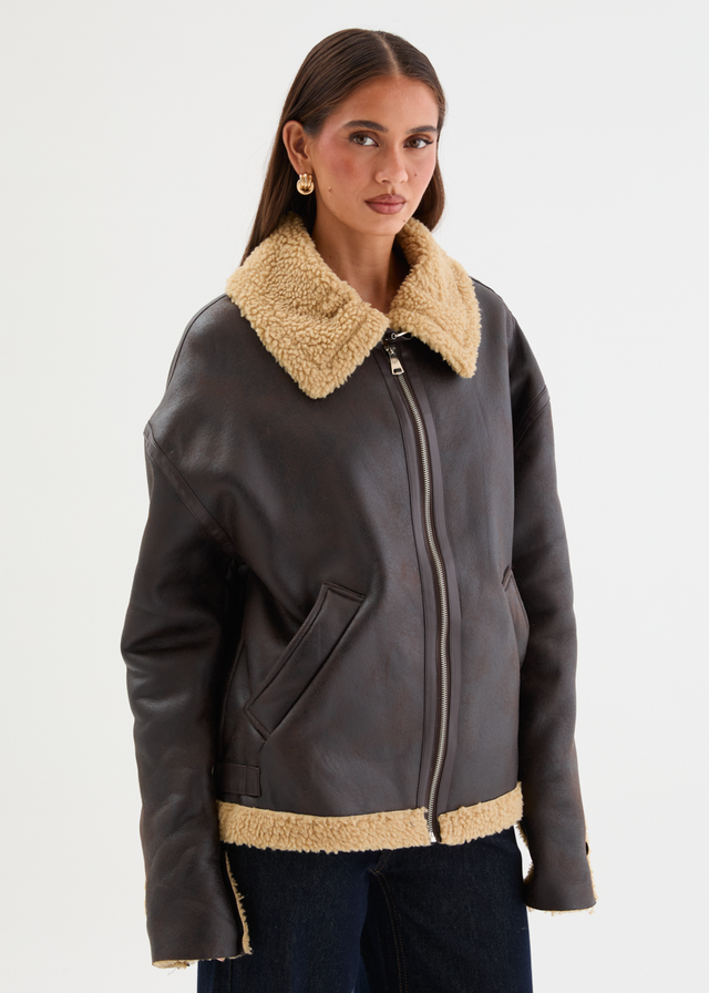 Addison PU Aviator Jacket - Teddy Brown