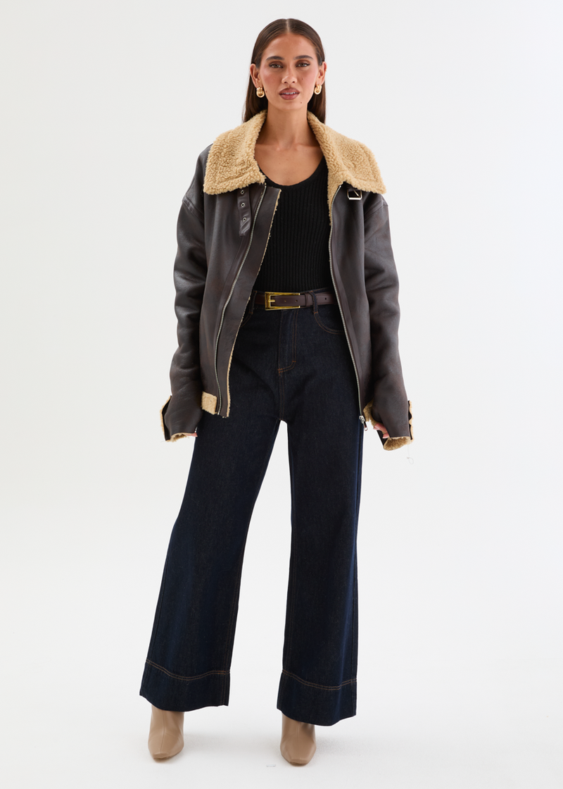 アリソンブラウン ALIVE WITH PLEASURE JACKET Addison PU Aviator Jacket - Teddy Brown – Gingham & Heels