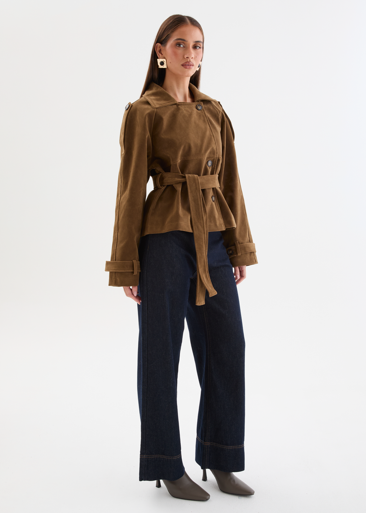 Tavita Cropped Trench Coat - Tan Suede – Gingham & Heels
