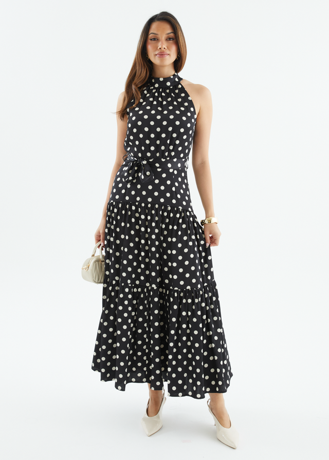 Katrina Halter Maxi Dress - Black Polka