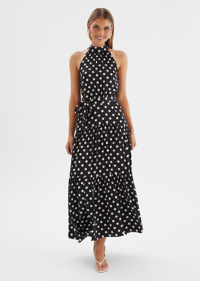 Katrina Halter Maxi Dress - Black Polka