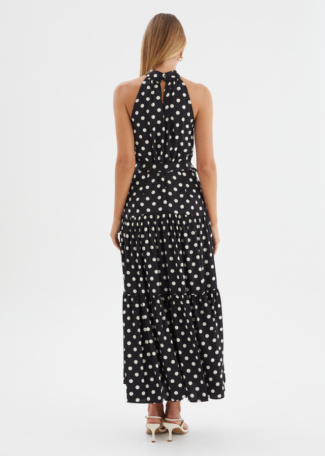 Katrina Halter Maxi Dress - Black Polka