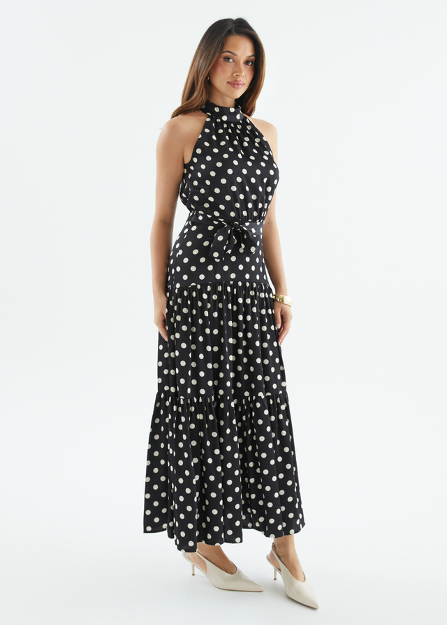 Katrina Halter Maxi Dress - Black Polka