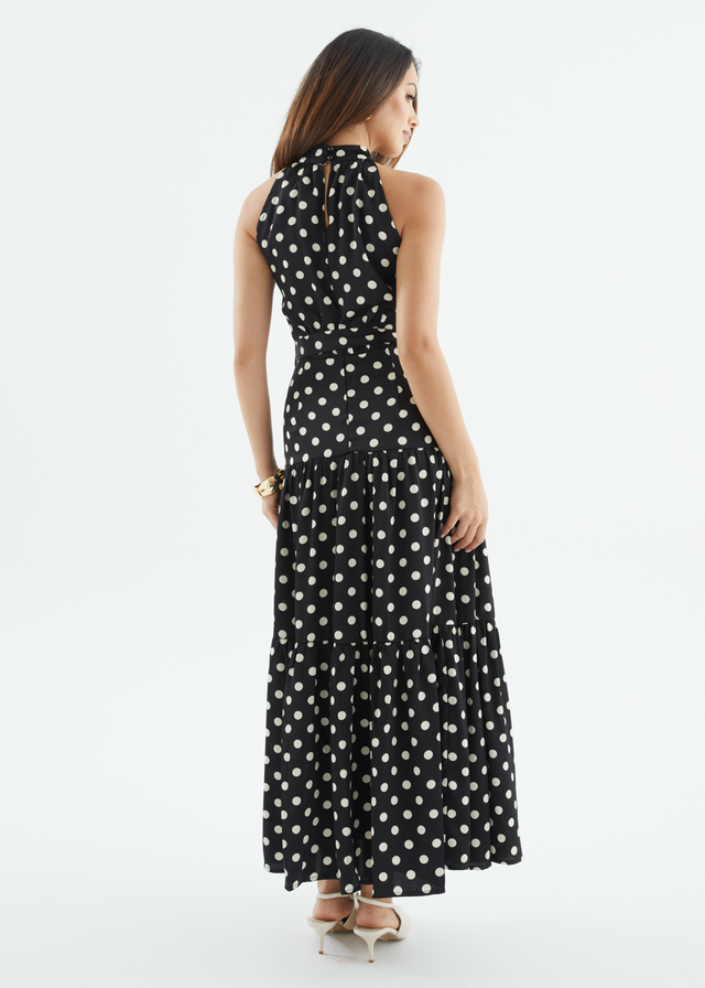 Katrina Halter Maxi Dress - Black Polka